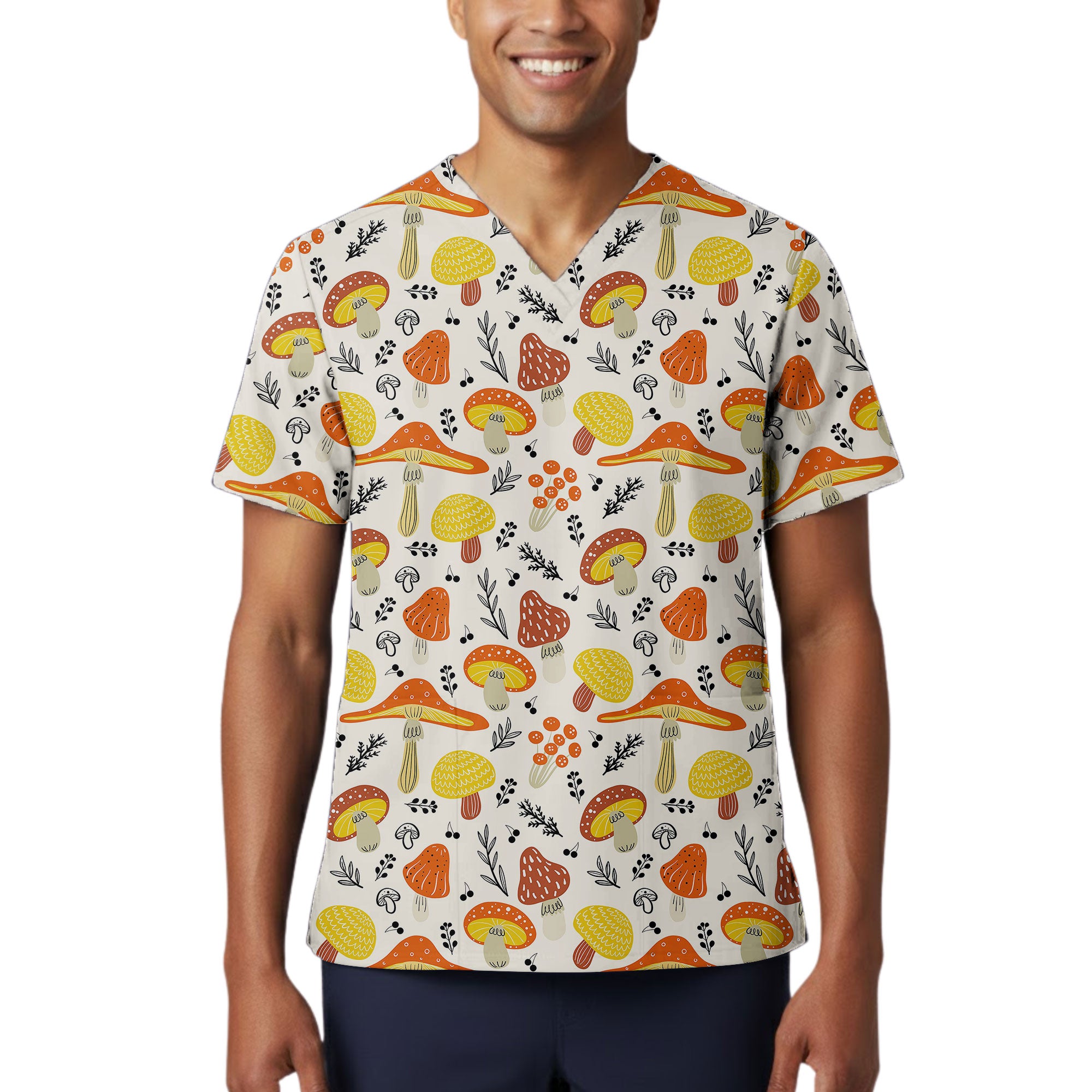 Cute Cottage Mushroom Printed Scrub Top for Nurses