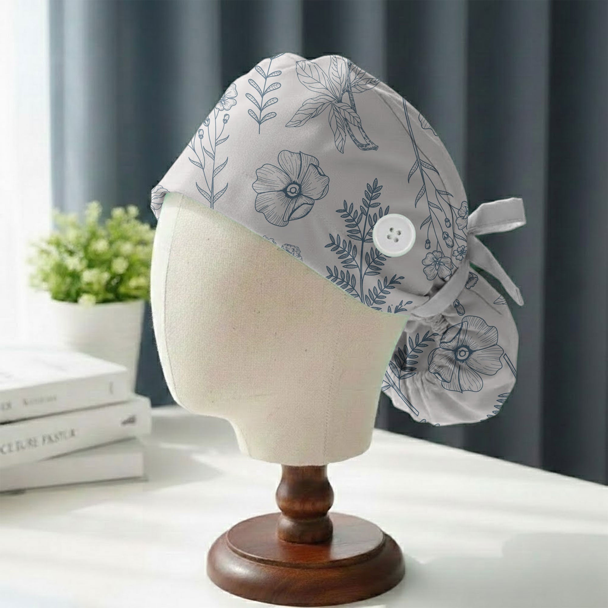 Botanical Line Art Floral Printed Scrub Cap