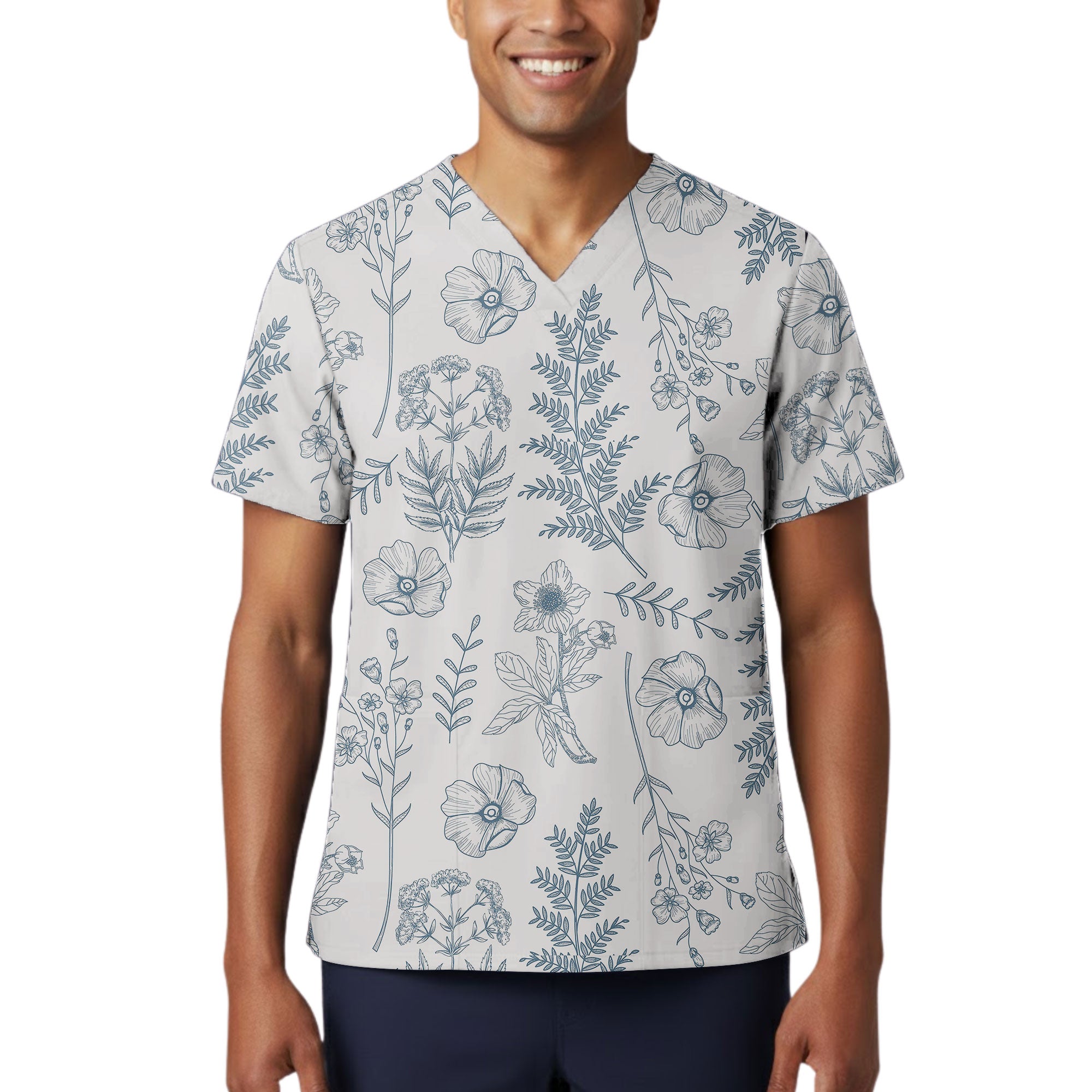 Botanical Line Art Floral Printed Scrub Top for Nurses