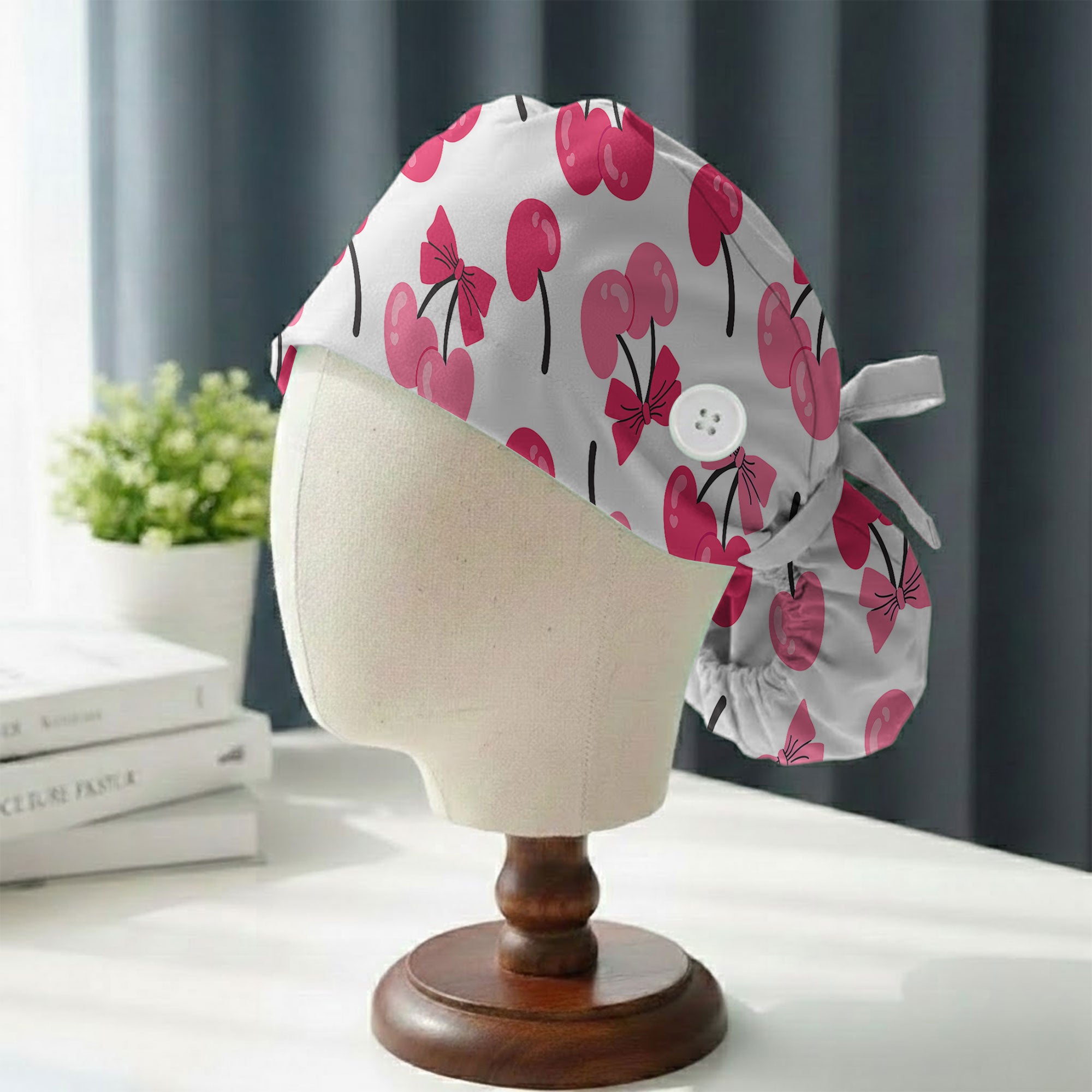 Pink Cherry Bow Printed Scrub Cap for Nurses