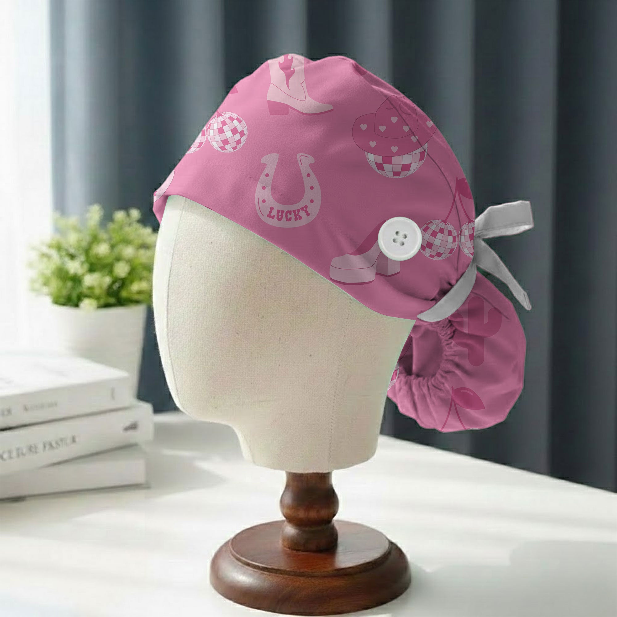 Pink Lucky Disco Cowgirl Printed Scrub Cap