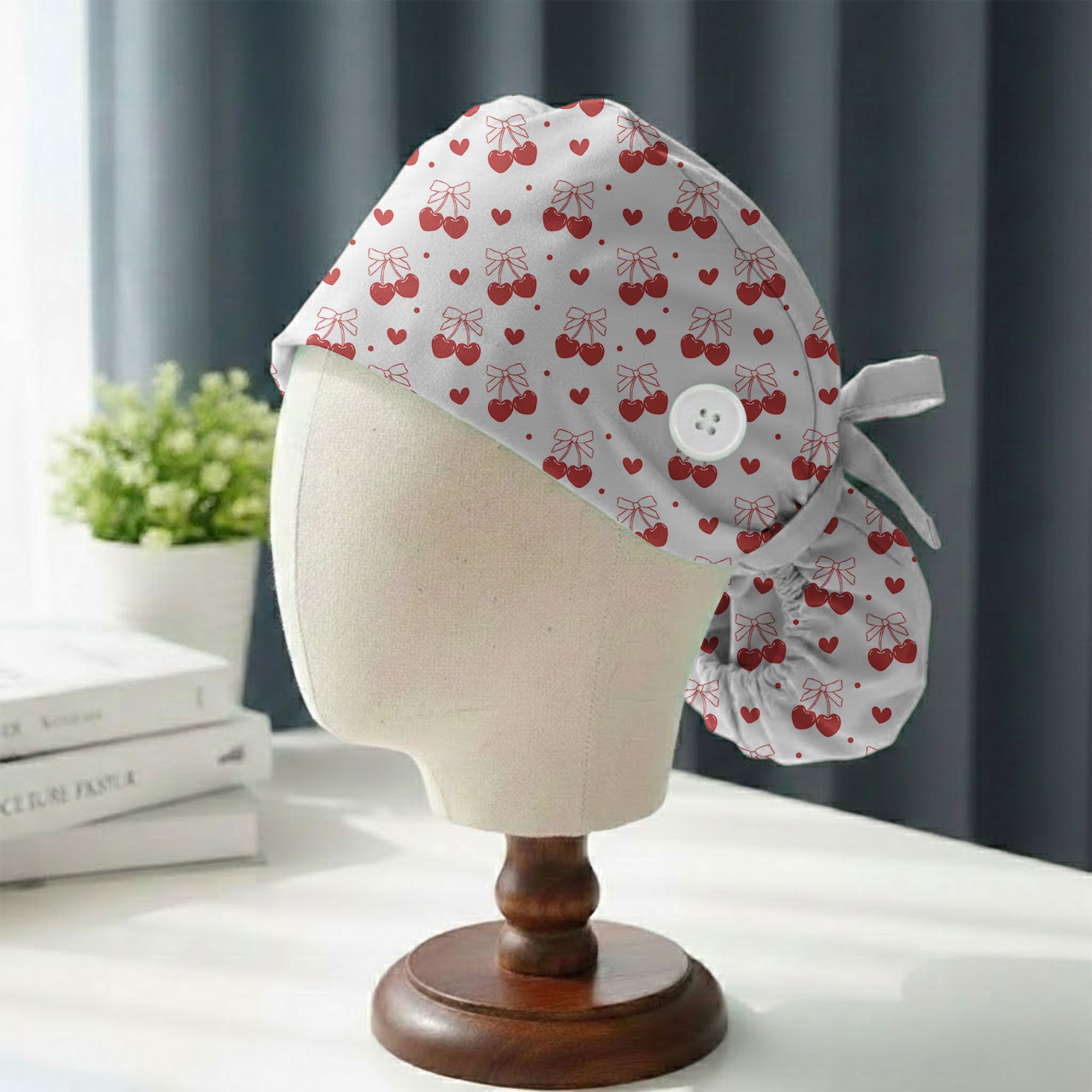 Red Cherry Heart Bow Printed Scrub Cap for Nurses