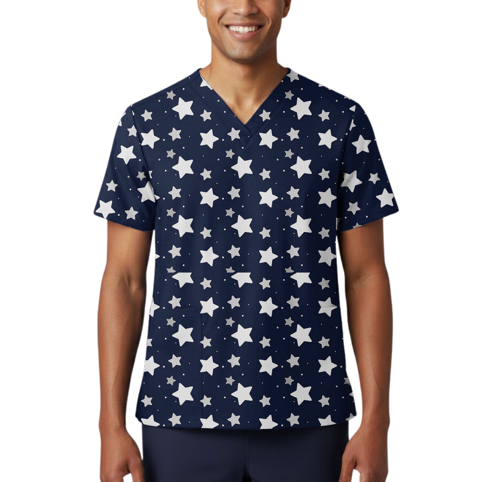 Navy Blue Star Pattern Printed Scrub Top for Nurses