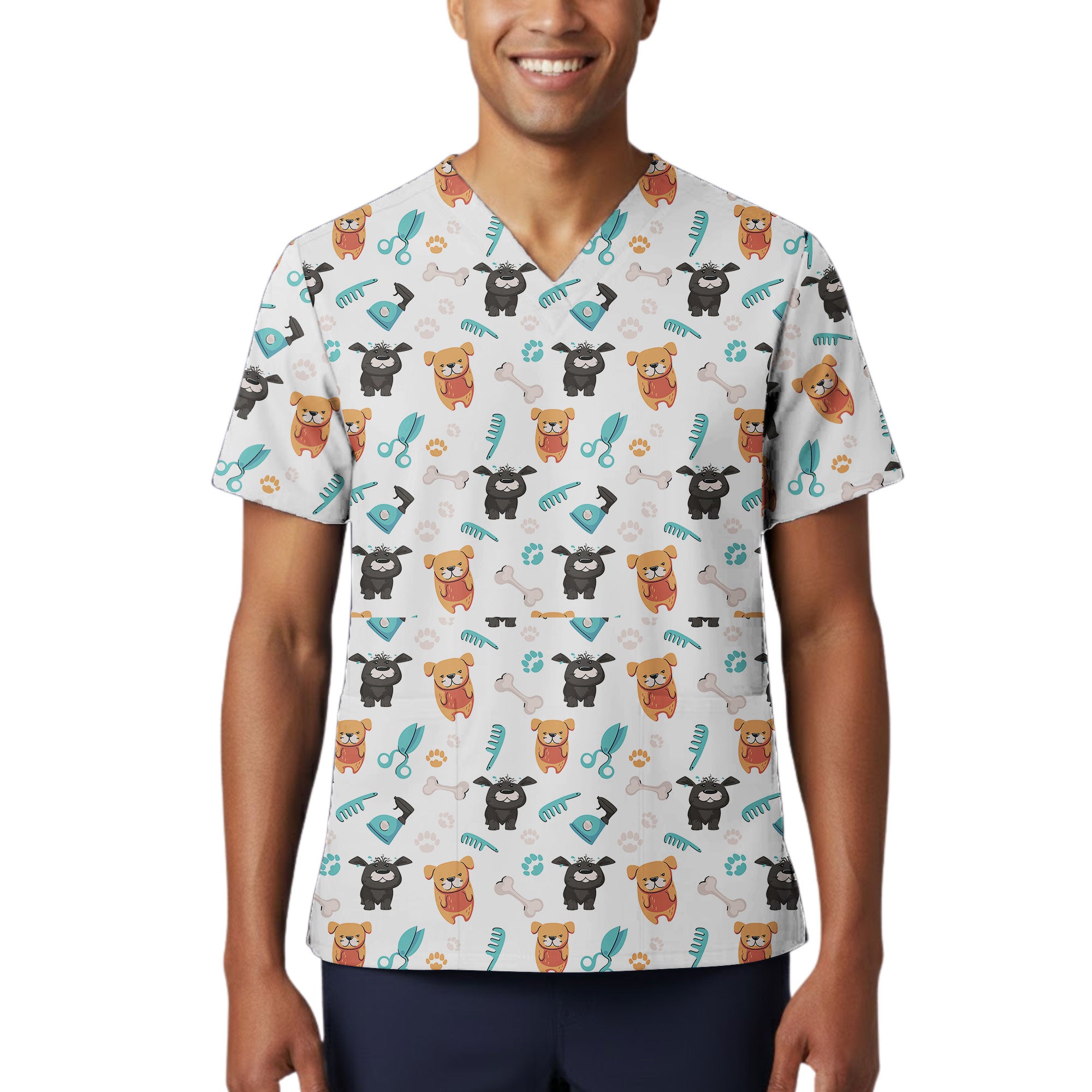 Cute Dog Grooming Printed Scrub Top for Veterinary Staff