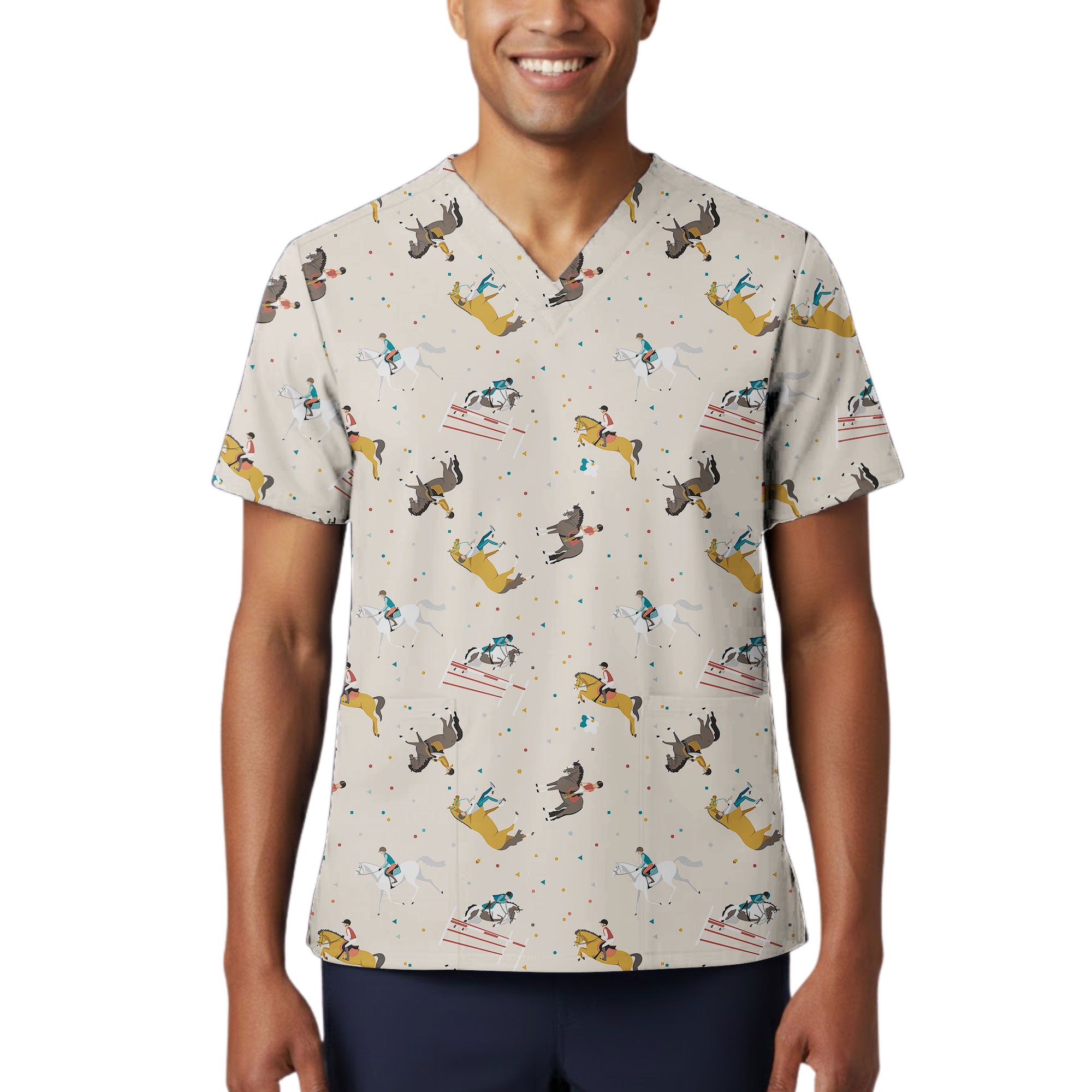 Equestrian Horse Rider Printed Scrub Top for Veterinary Staff