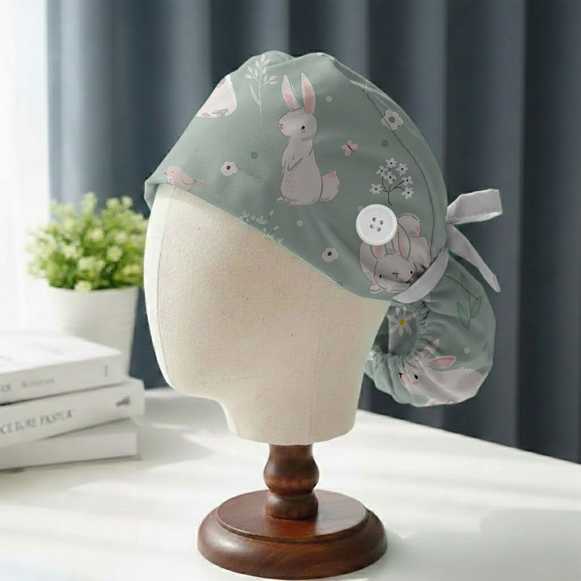Sage Bunny and Wildflower Printed Scrub Cap for Nurses