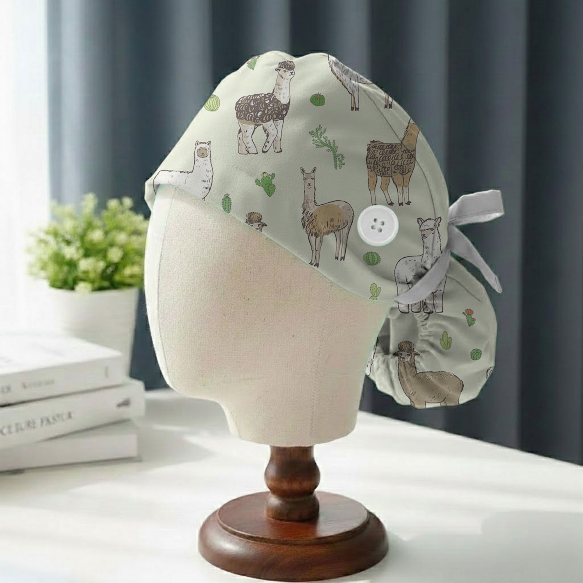 Sage Watercolor Llama and Alpaca Printed Scrub Cap