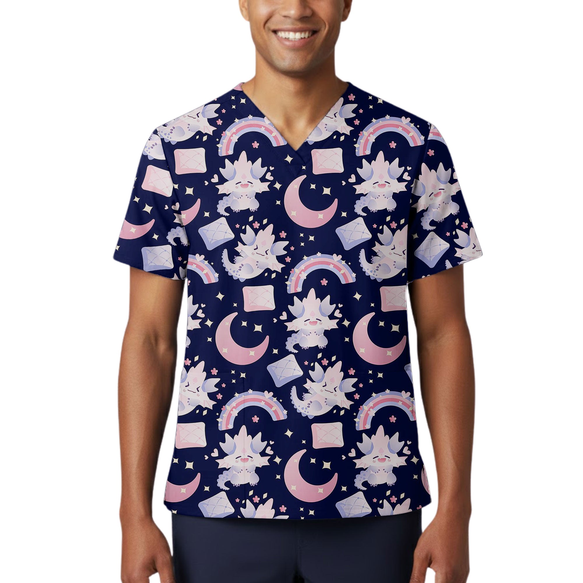 Navy Pastel Baby Dragon Magic Printed Scrub Top for Pediatric Nurses
