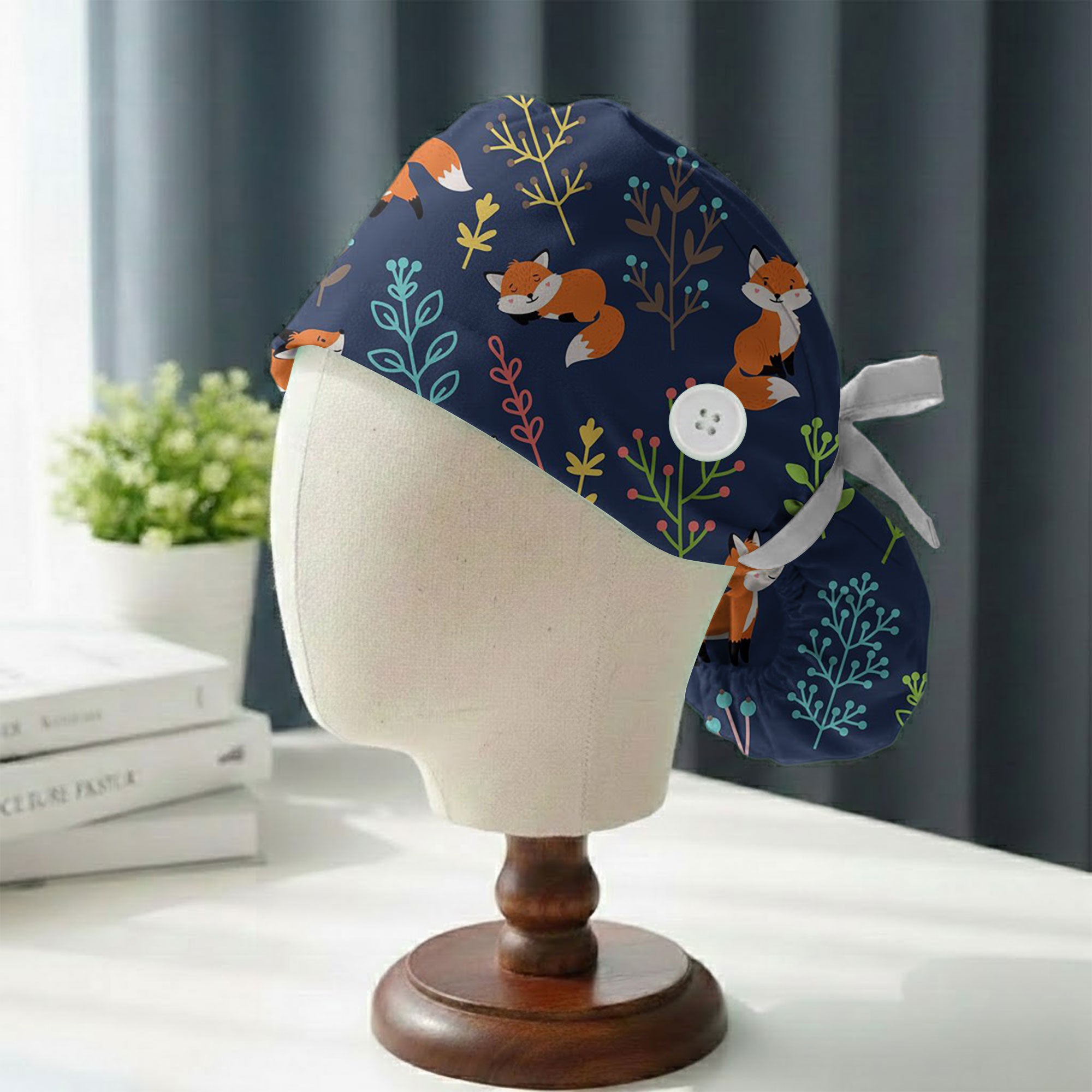 Navy Sleeping Fox and Botanical Printed Scrub Cap