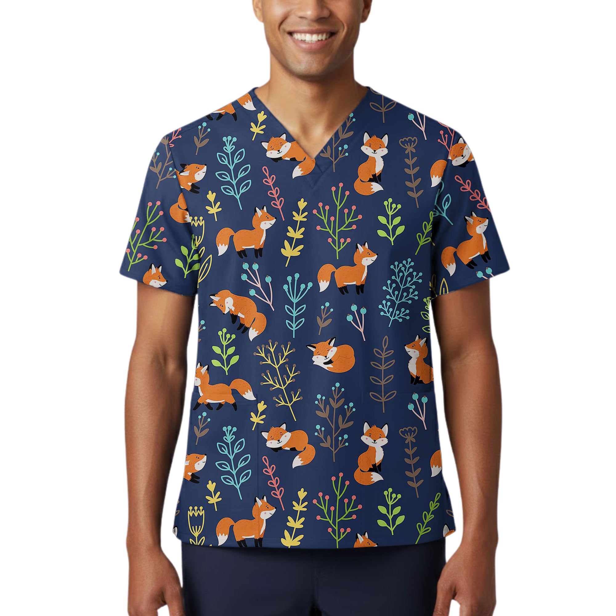 Navy Sleeping Fox and Botanical Printed Scrub Top for Nurses