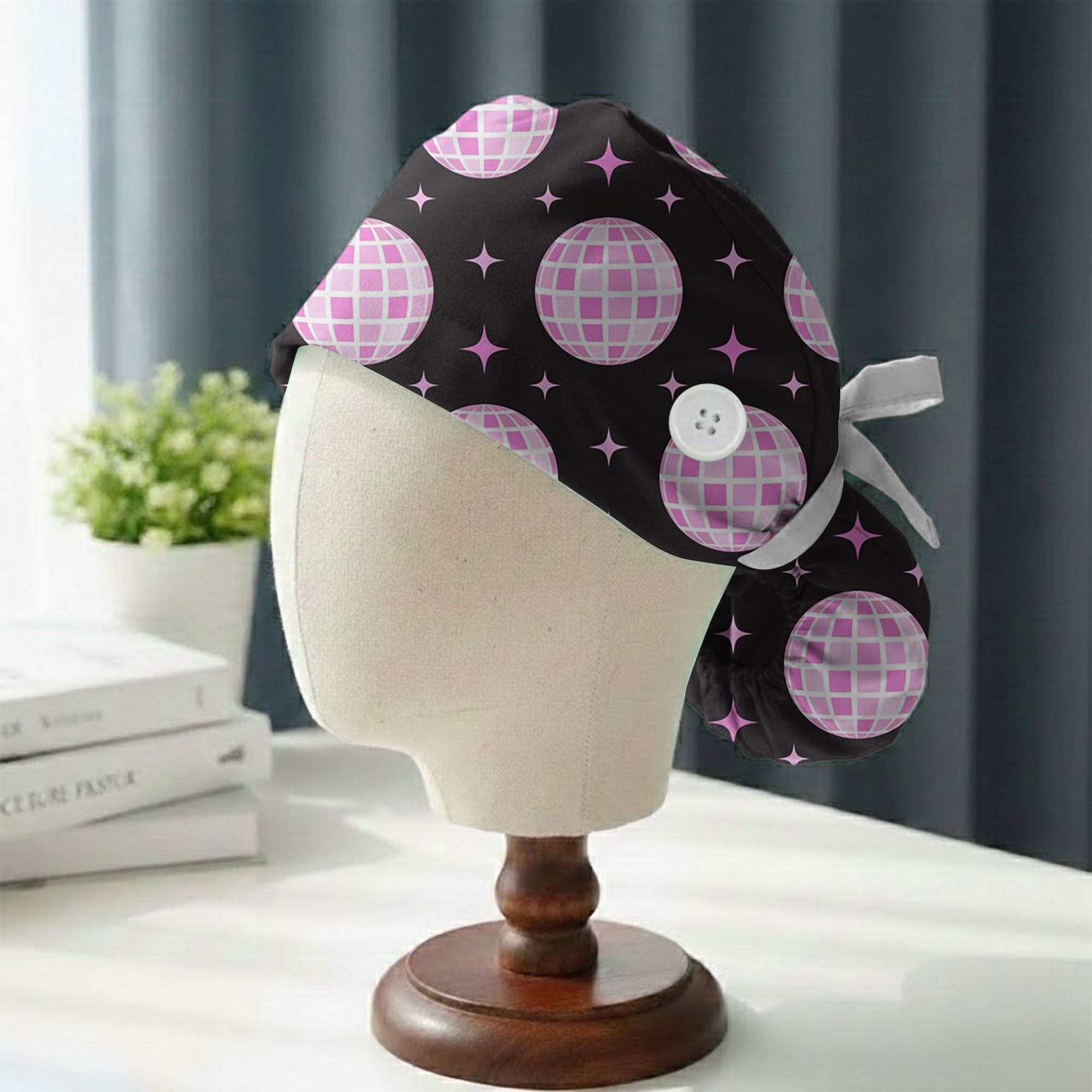 Black and Pink Disco Ball Glam Printed Scrub Cap