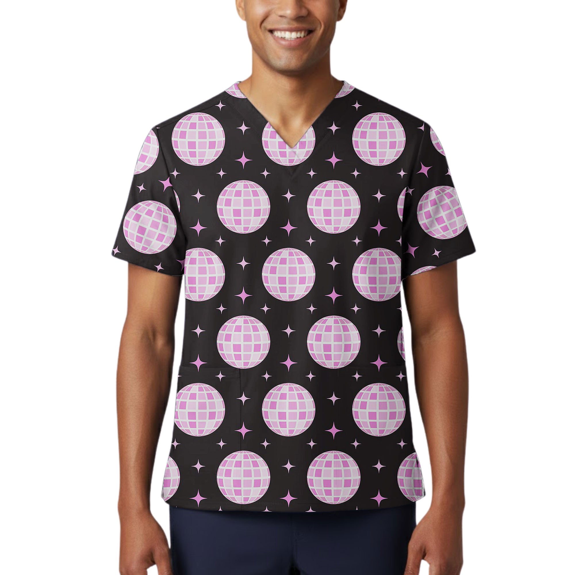 Black and Pink Disco Ball Glam Printed Scrub Top for Nurses