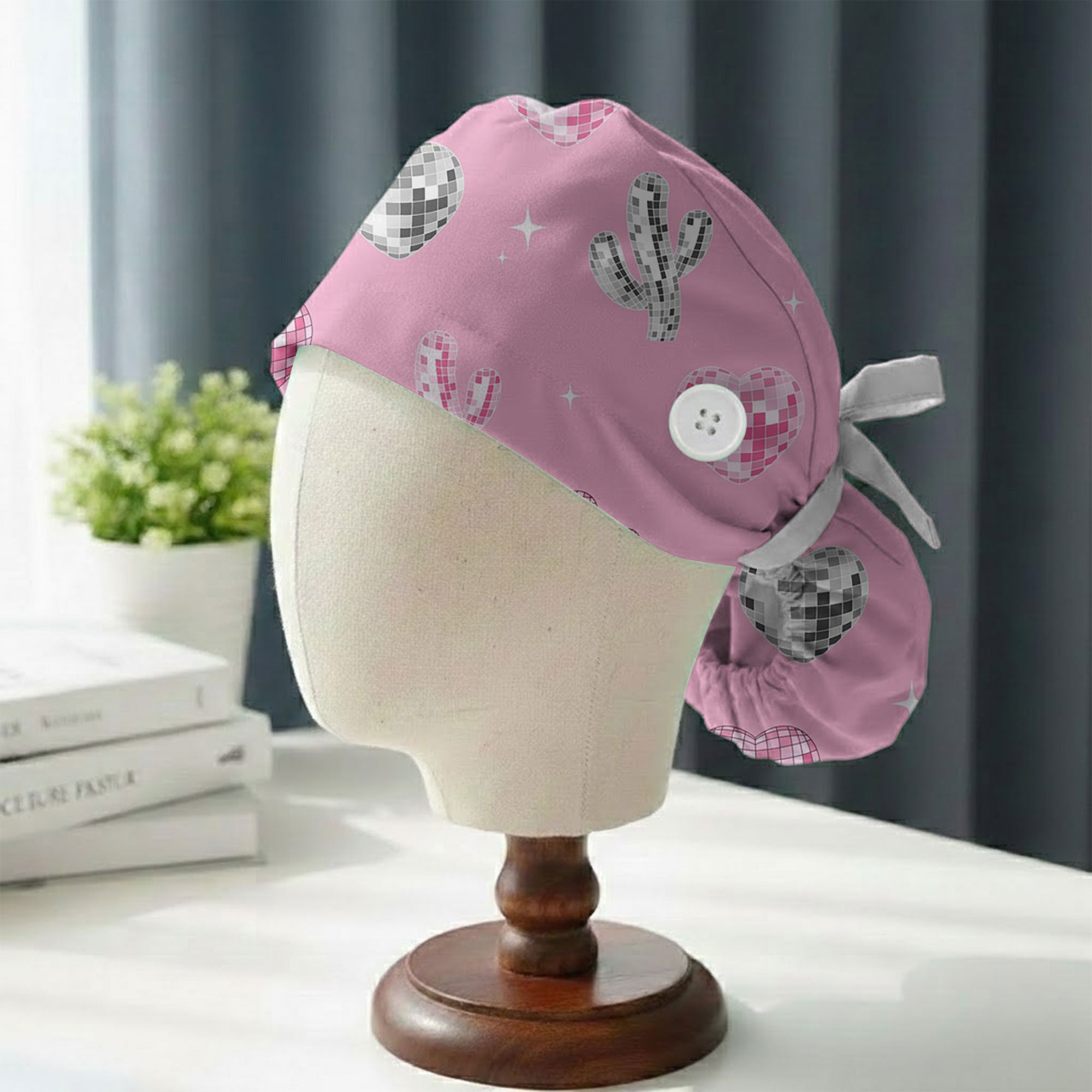 Pink Disco Cactus and Heart Sparkle Printed Scrub Cap