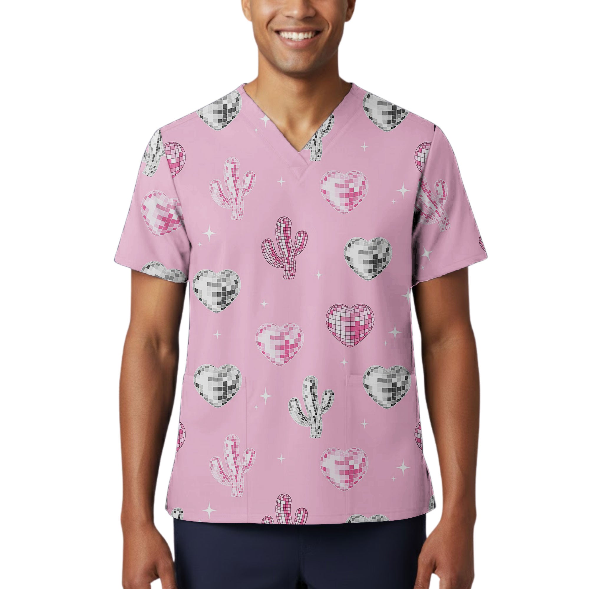 Pink Disco Cactus and Heart Sparkle Printed Scrub Top for Nurses