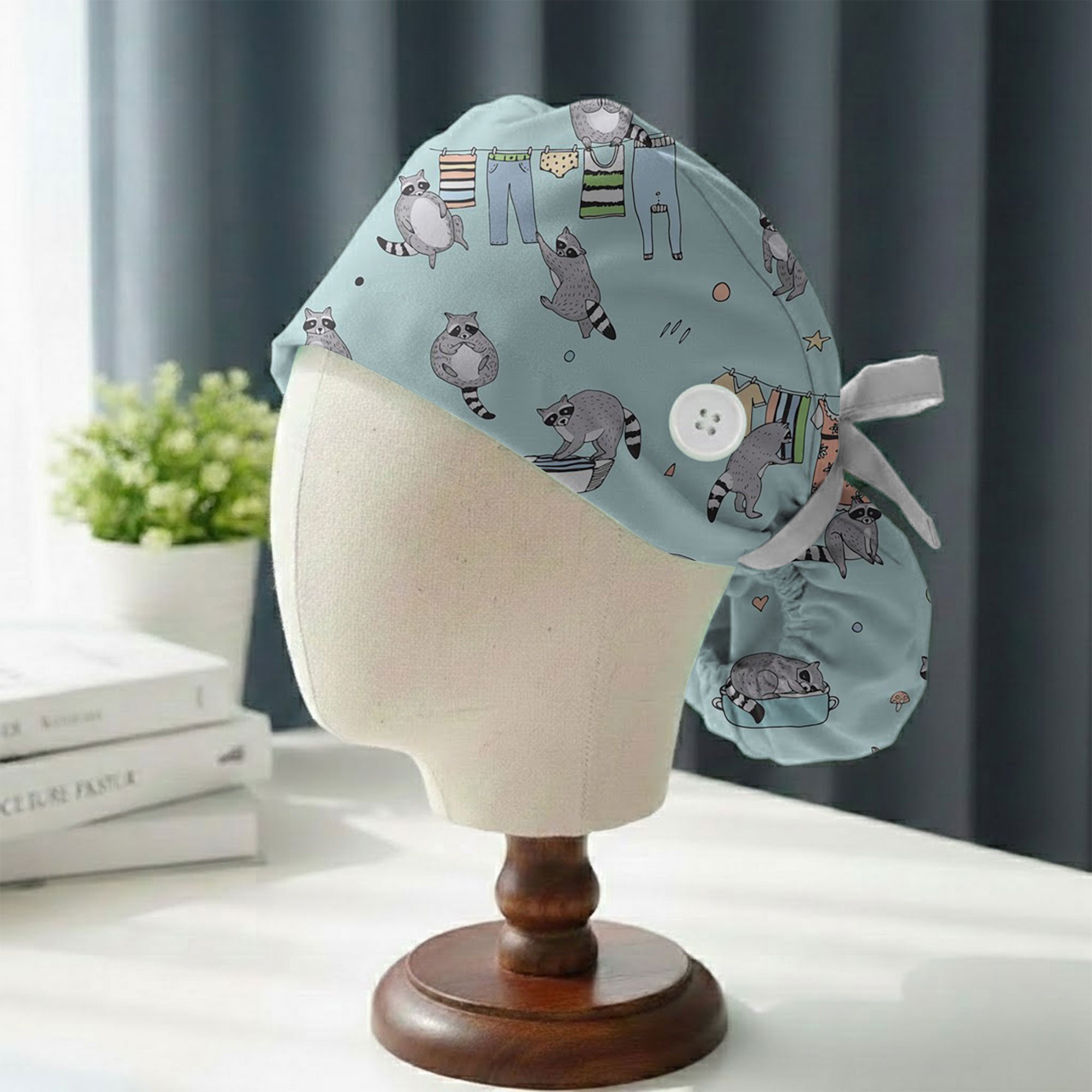 Light Blue Cute Raccoon Laundry Printed Scrub Cap