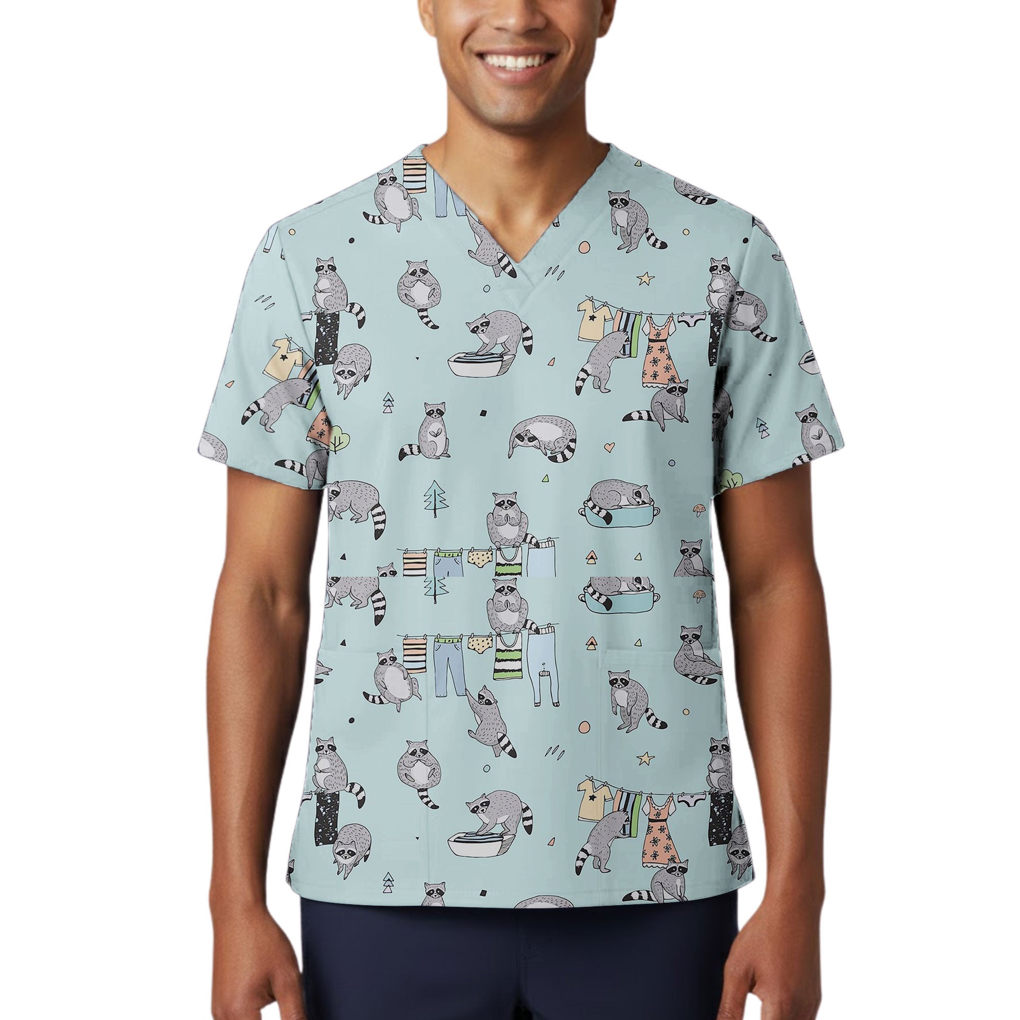 Light Blue Cute Raccoon Laundry Printed Scrub Top for Veterinary Nurses