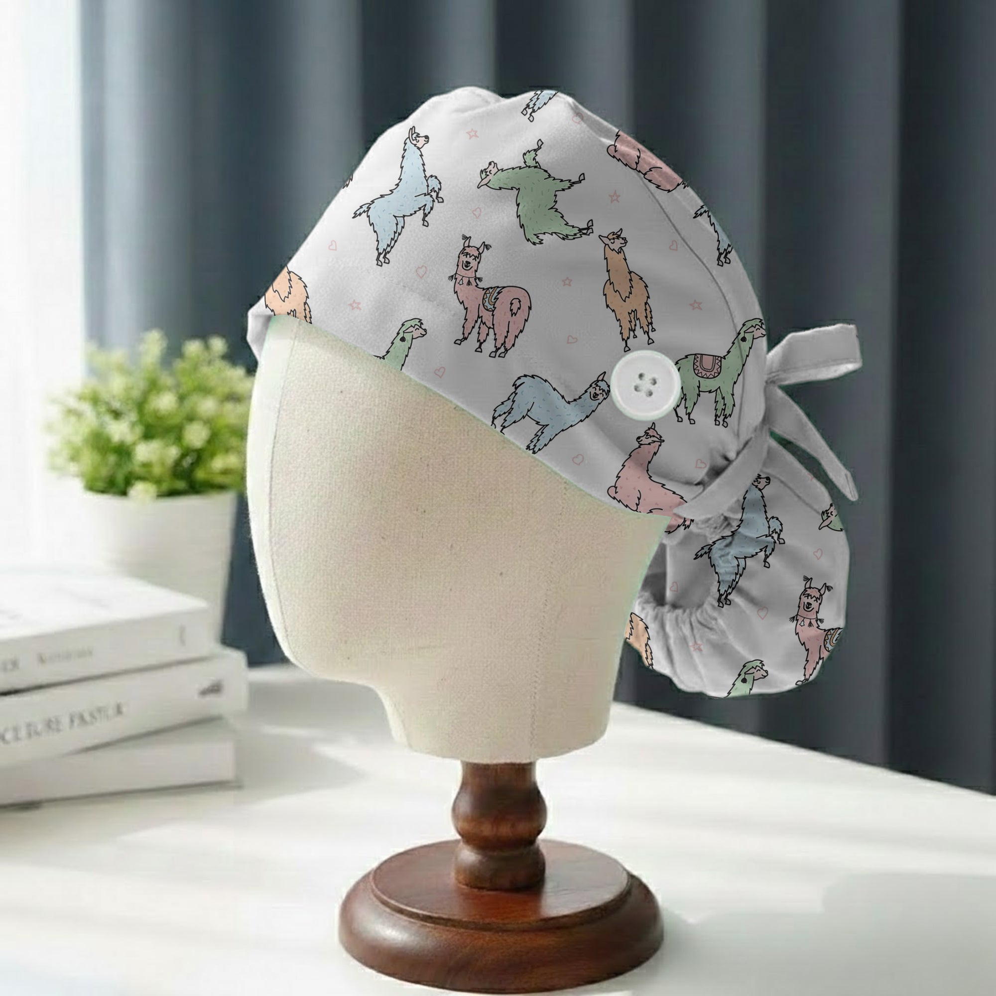 Pastel Llama Doodle Printed Scrub Cap for Nurses