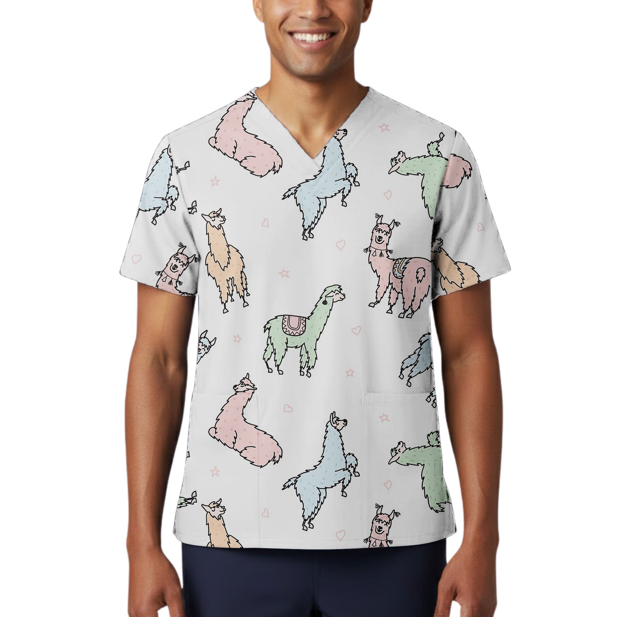 Pastel Llama Doodle Printed Scrub Top for Nurses