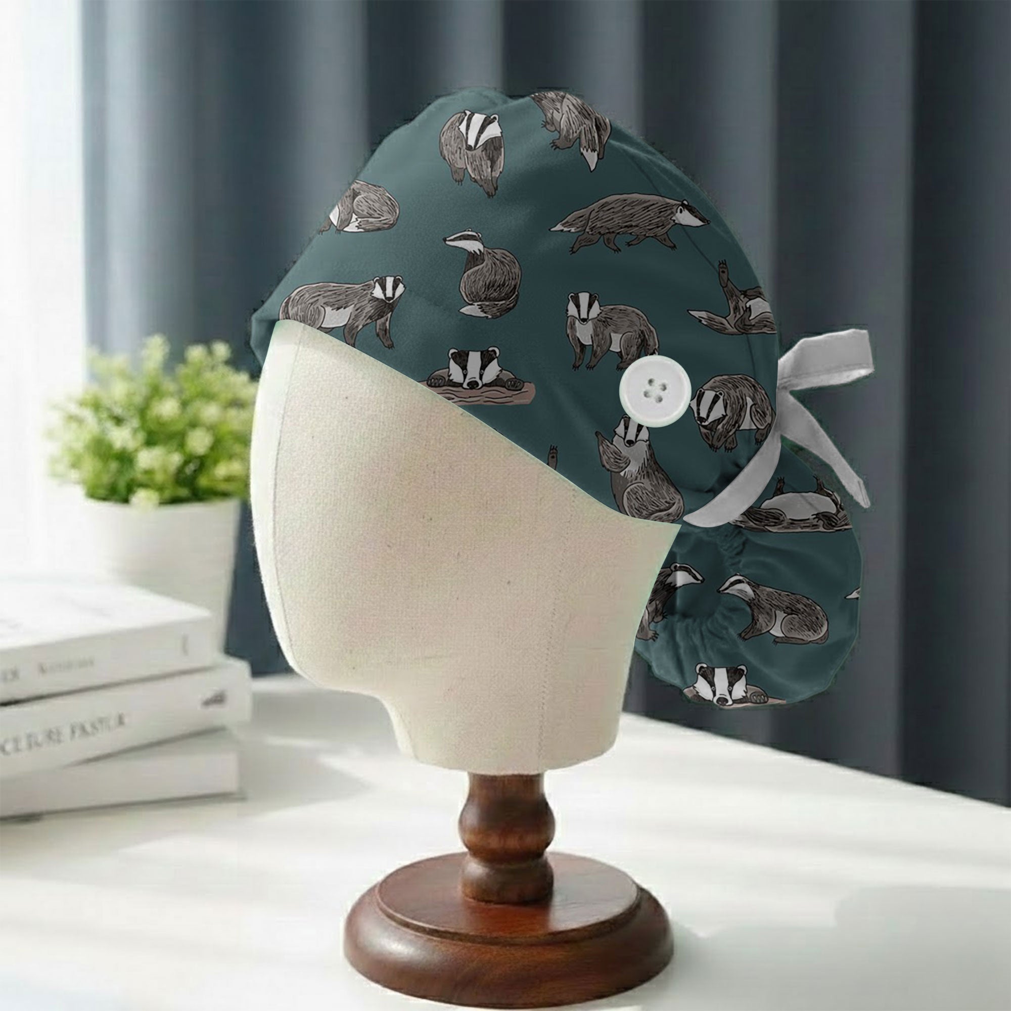 Teal Hand Drawn Badger Printed Scrub Cap