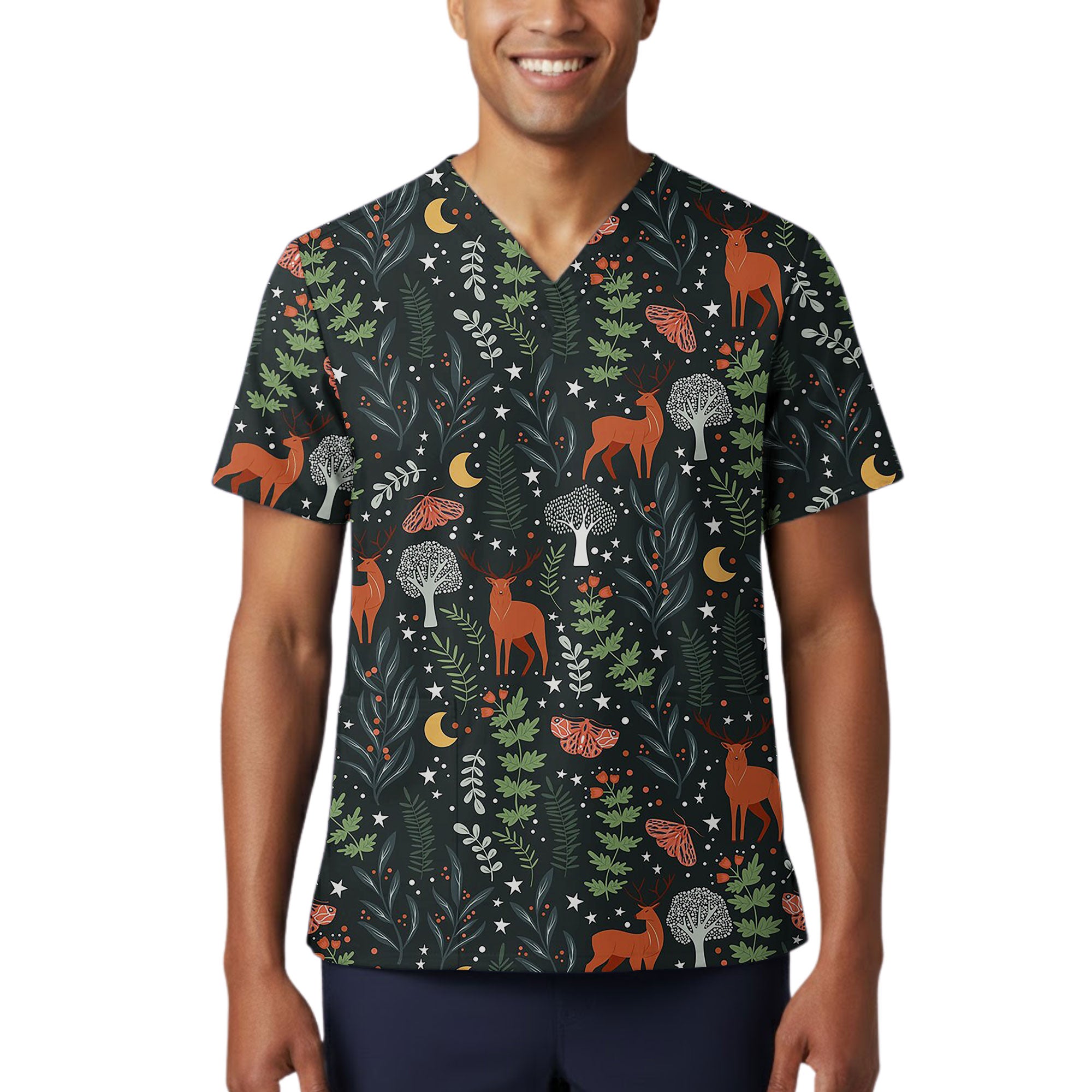 Mystic Forest Moth and Deer Printed Scrub Top for Nurses