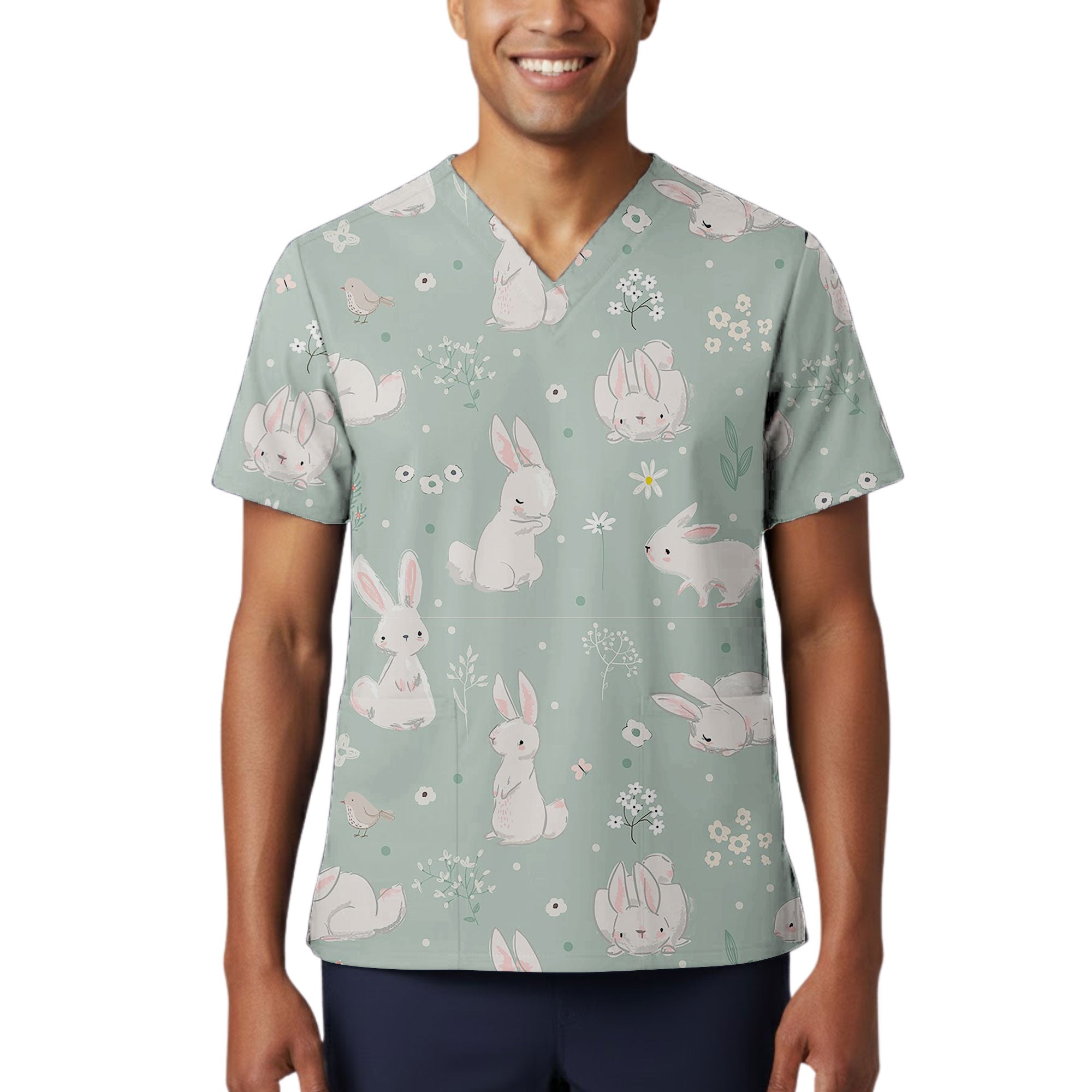 Sage Bunny and Wildflower Printed Scrub Top for Nurses