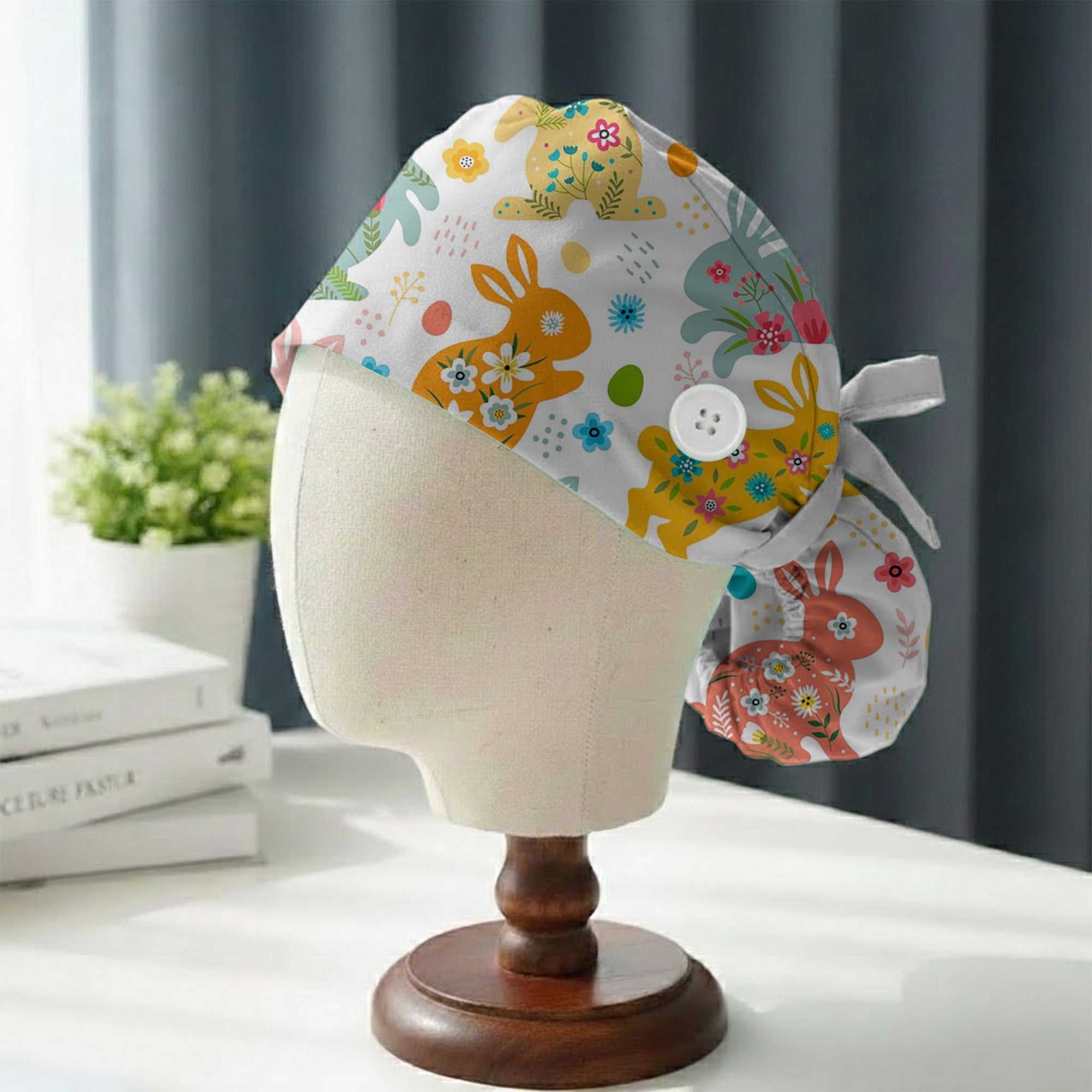 Bright Easter Bunny and Floral Printed Scrub Cap for Spring