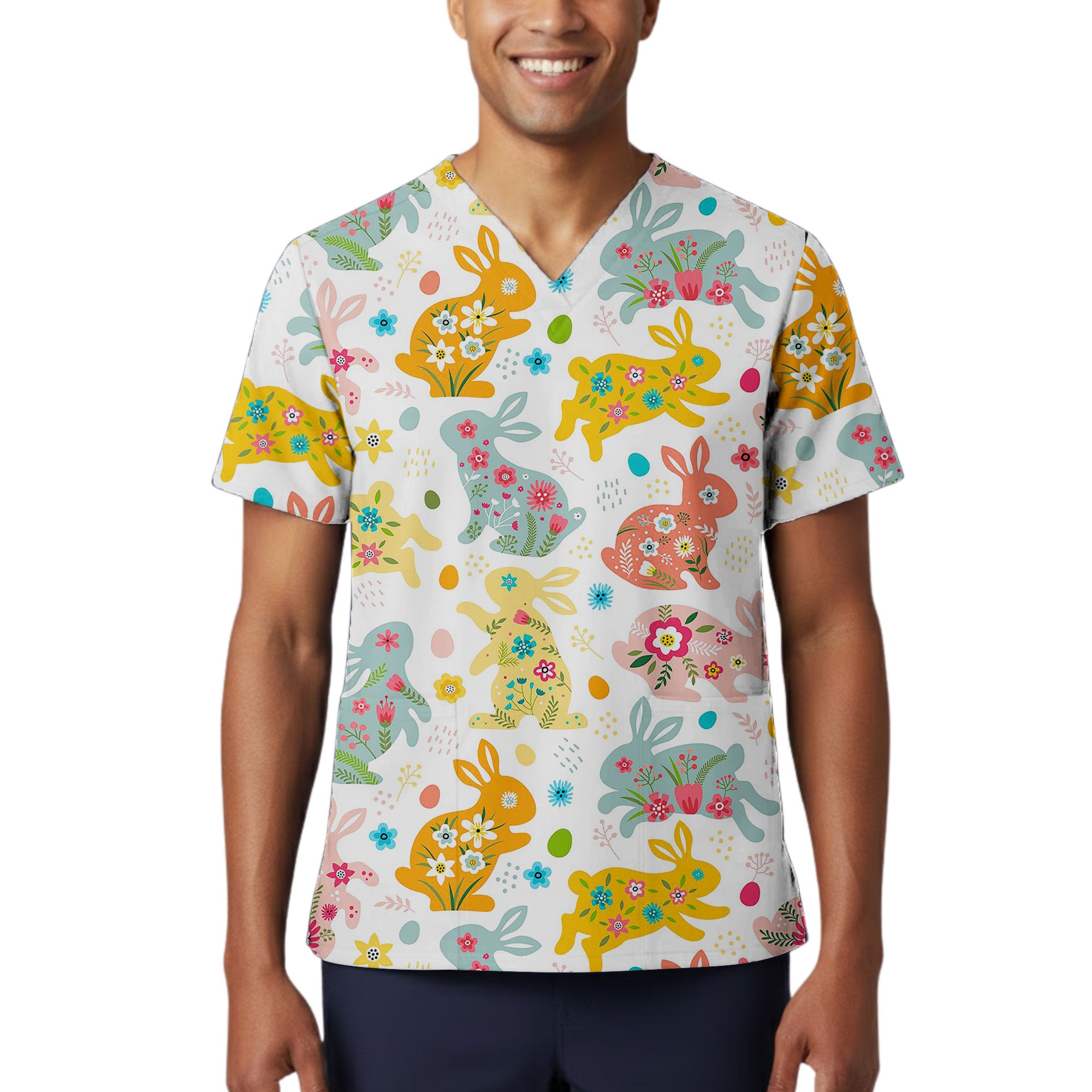 Bright Easter Bunny and Floral Printed Scrub Top for Spring