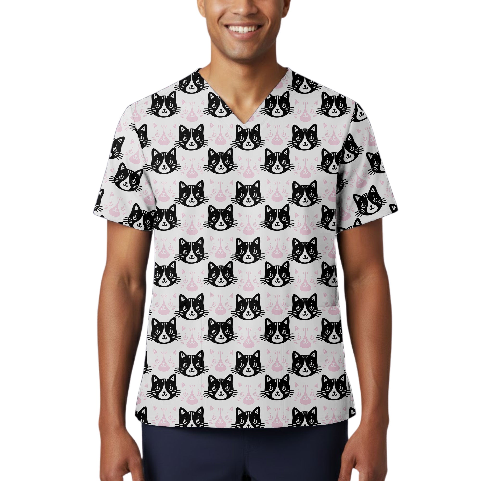 Black and White Tuxedo Cat Printed Scrub Top for Cat Lovers