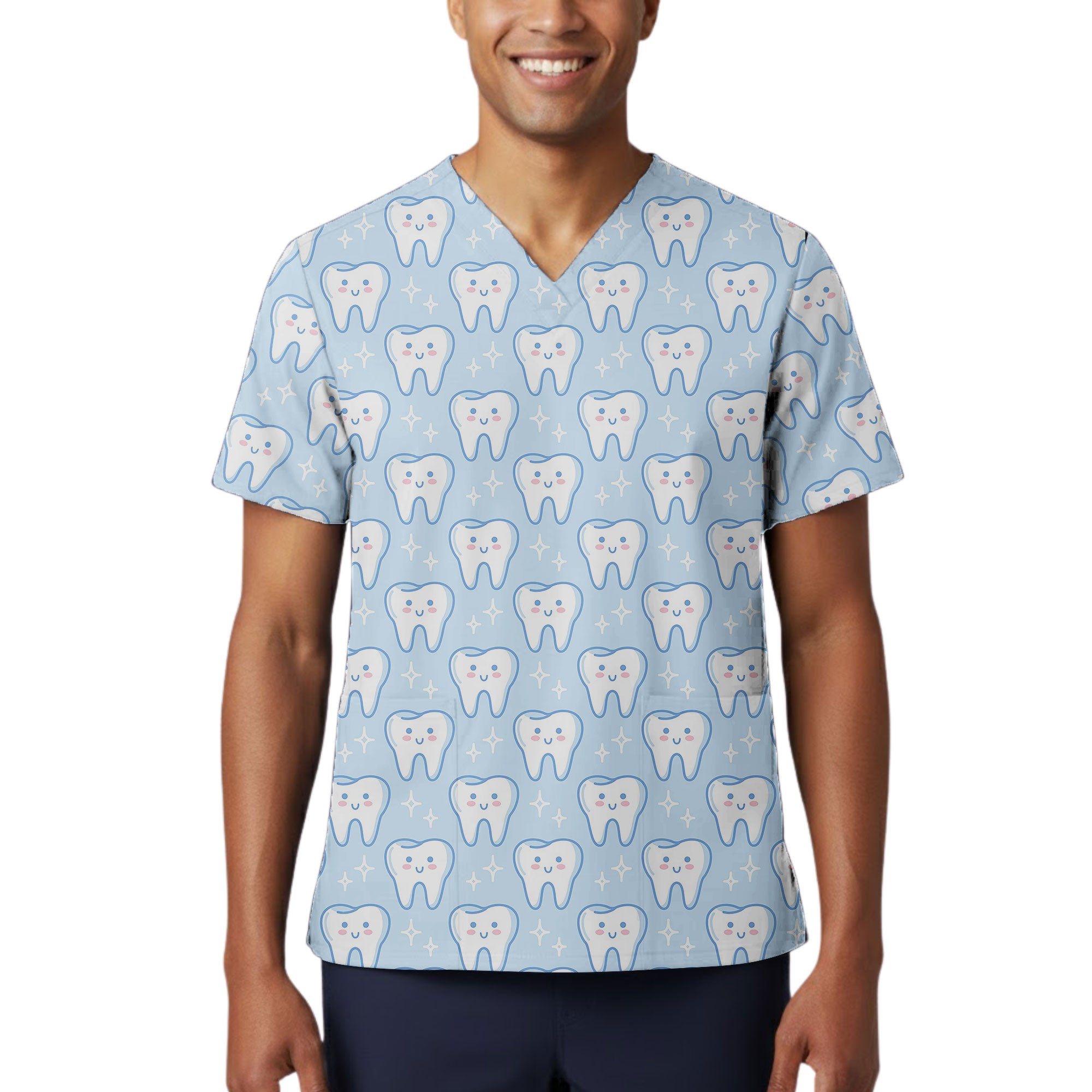 Light Blue Kawaii Tooth Printed Scrub Top for Dental Staff