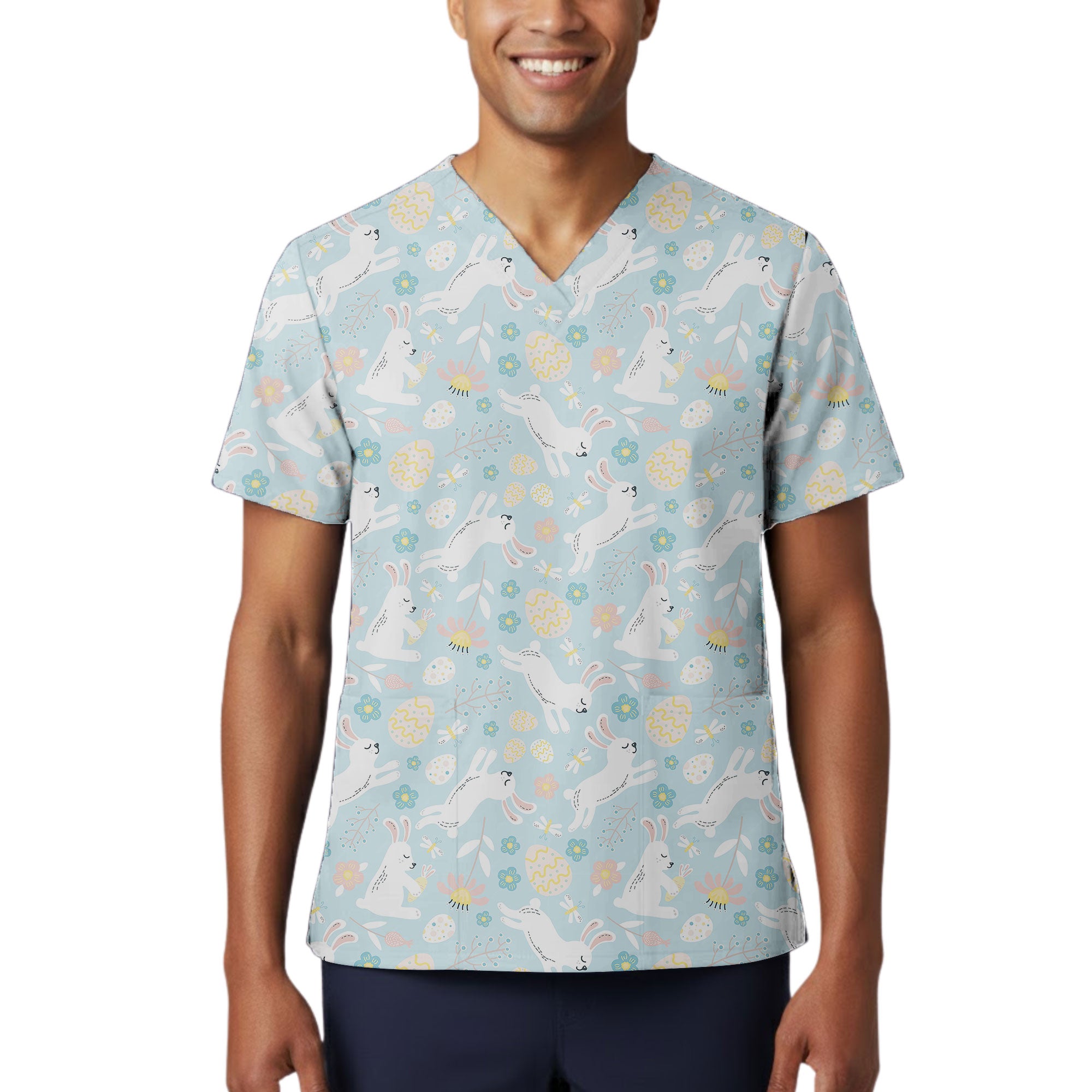 Pastel Easter Bunny and Egg Printed Scrub Top for Spring