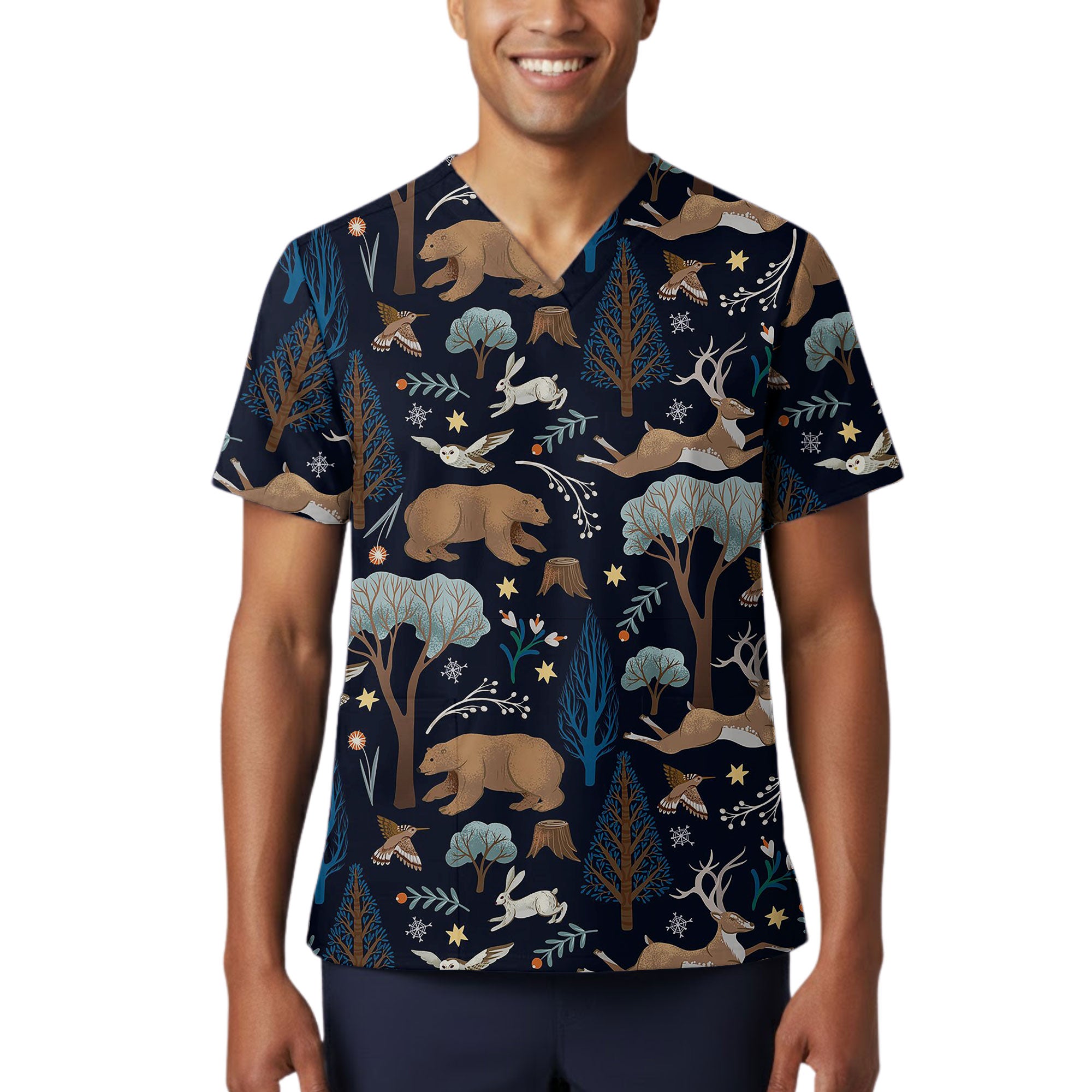 Navy Winter Forest Bear and Owl Printed Scrub Top for Veterinary Nurses