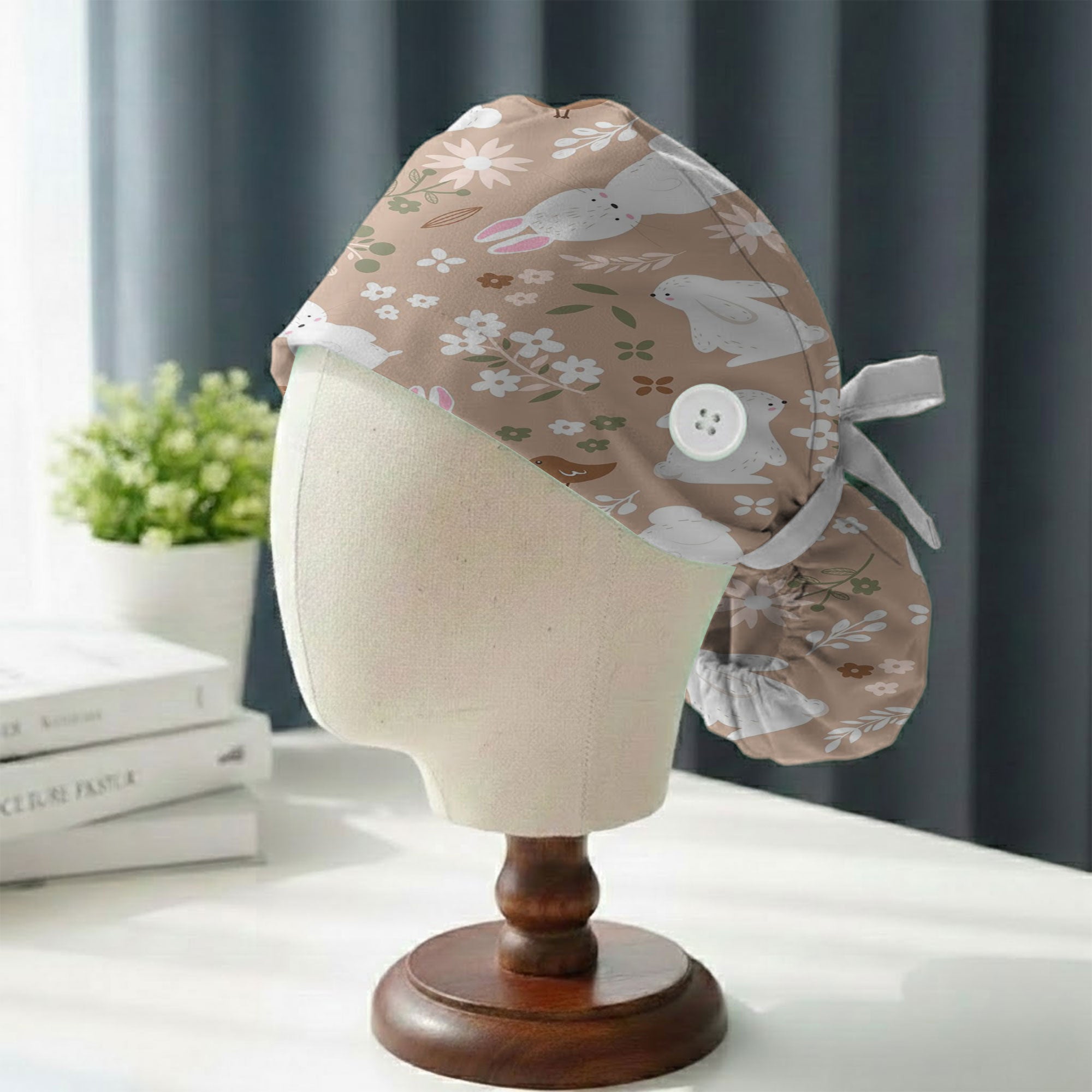 Blush Bunny and Wildflower Printed Scrub Cap for Spring