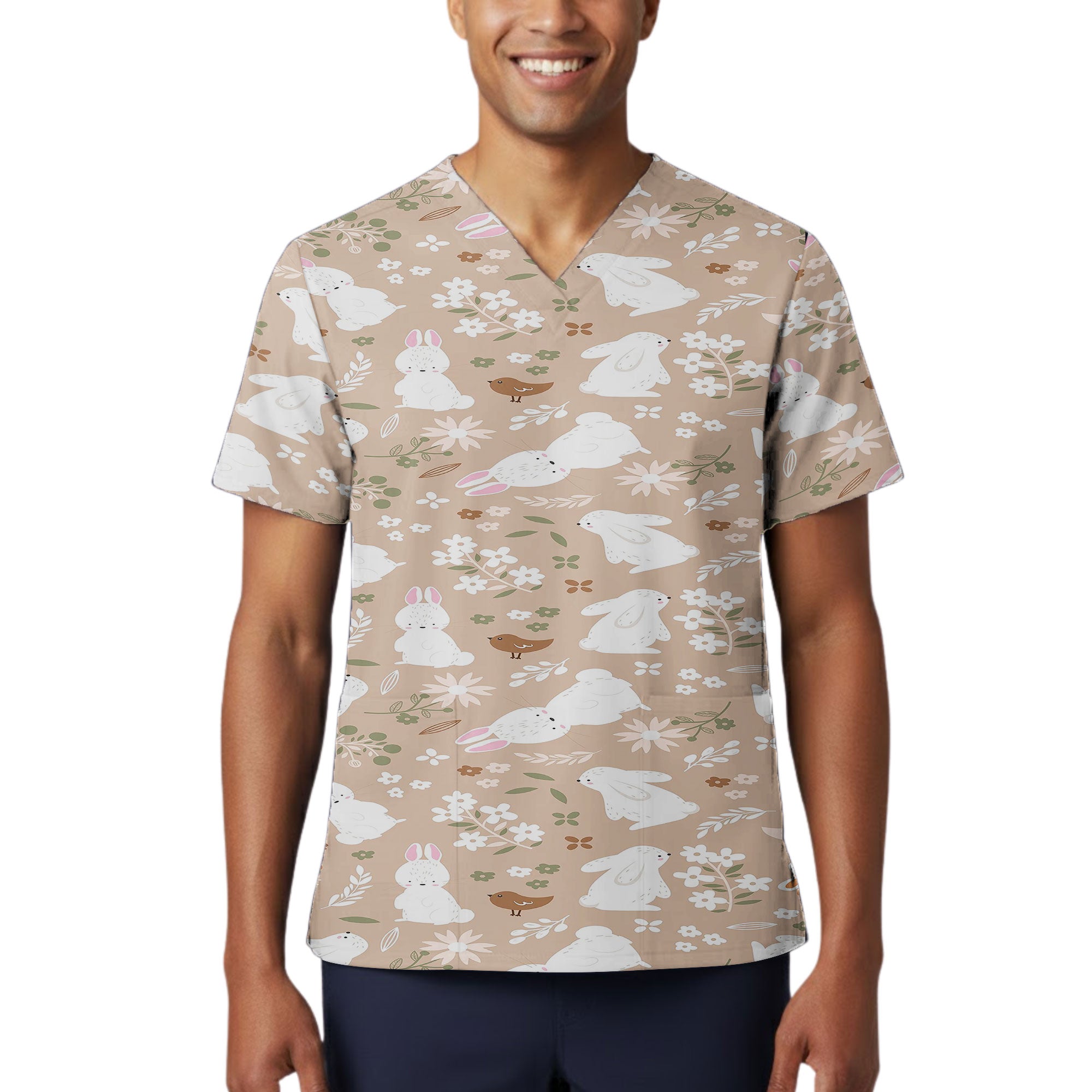 Blush Bunny and Wildflower Printed Scrub Top for Spring