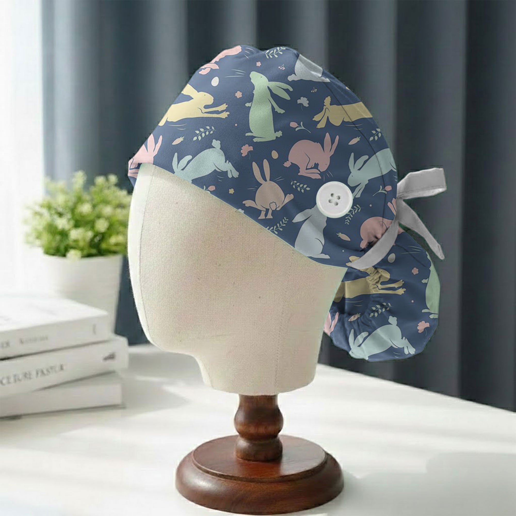 Dusty Blue Pastel Rabbit Spring Printed Scrub Cap