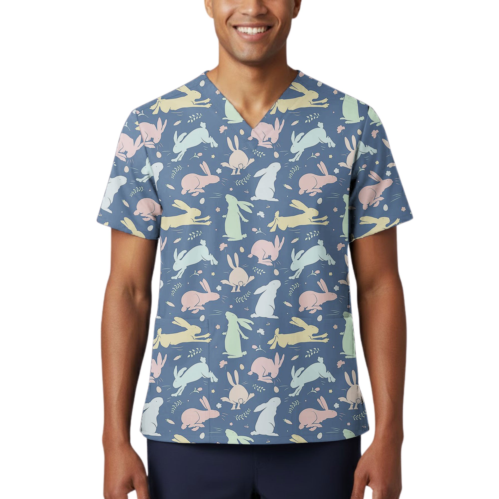 Dusty Blue Pastel Rabbit Spring Printed Scrub Top