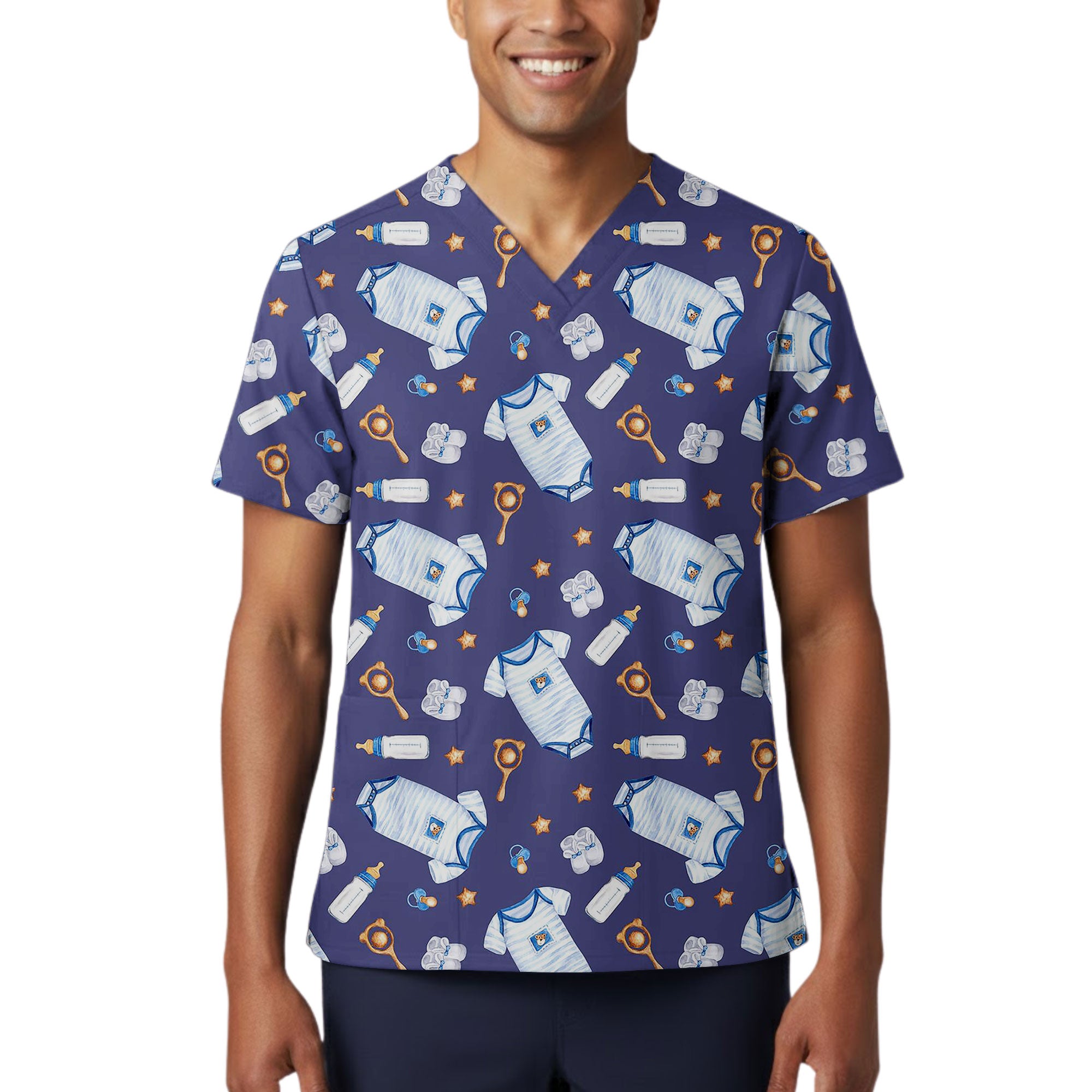 Navy Baby Boy Nursery Printed Scrub Top for Maternity Nurses