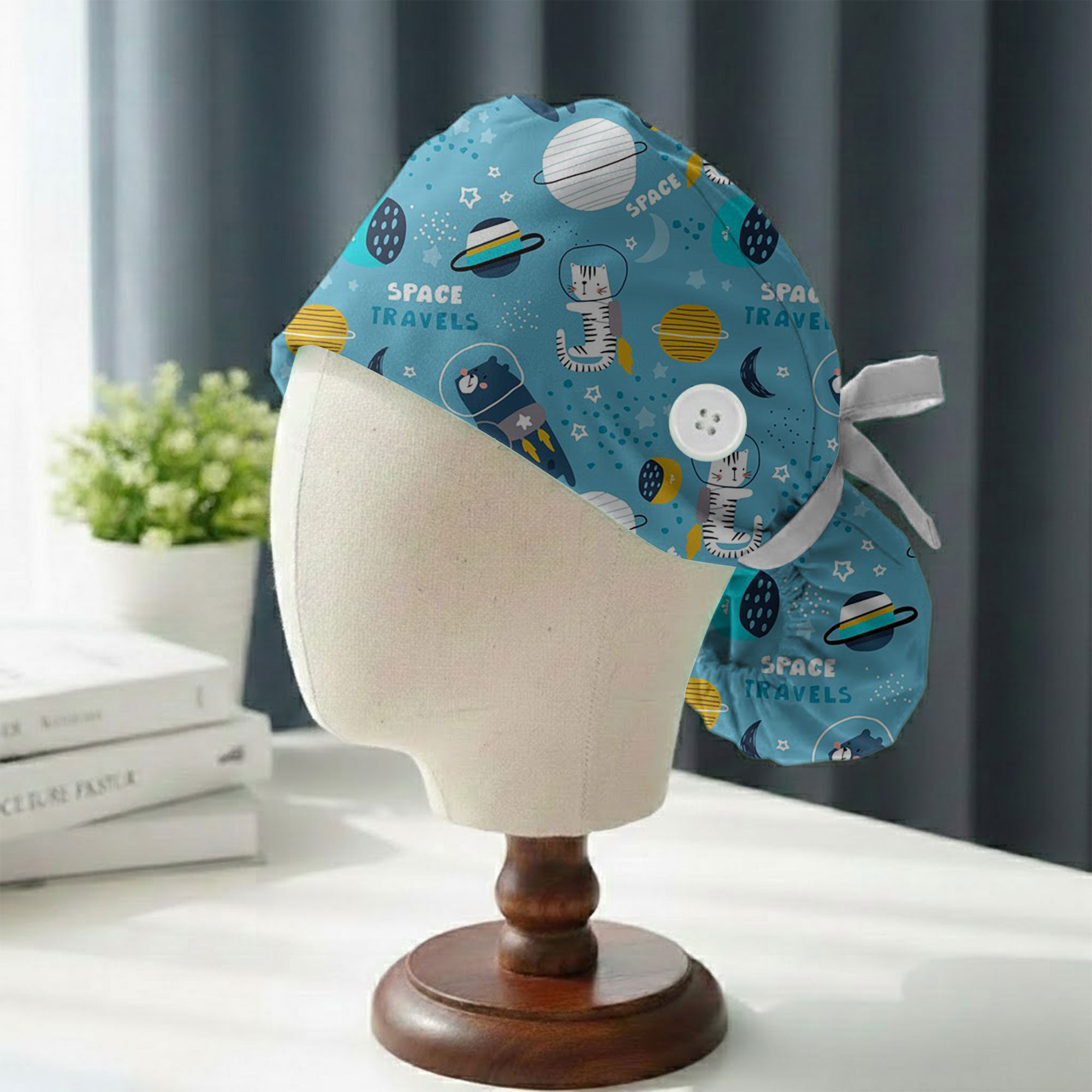 Space Travels Cat and Bear Printed Scrub Cap for Pediatrics