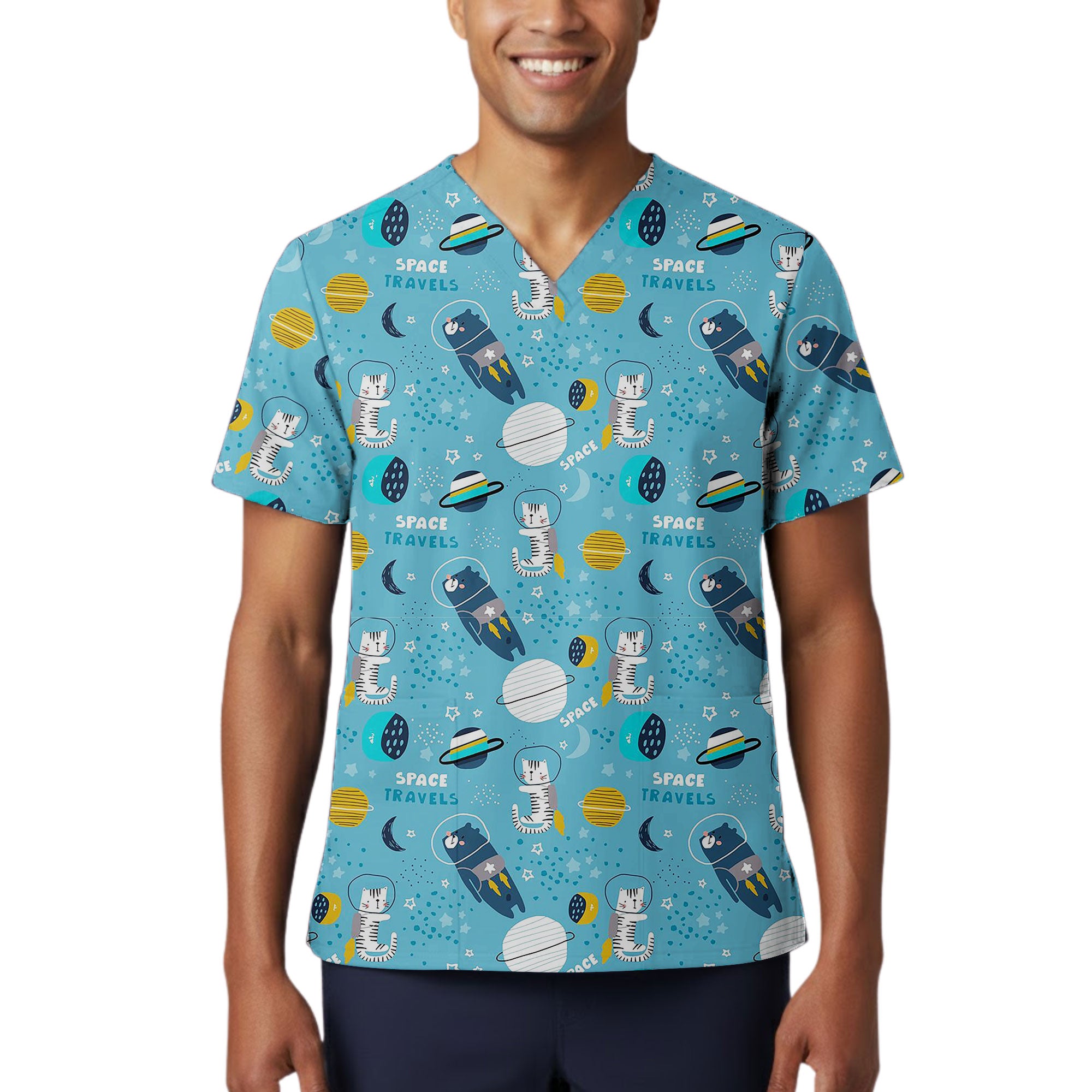 Space Travels Cat and Bear Printed Scrub Top for Pediatrics