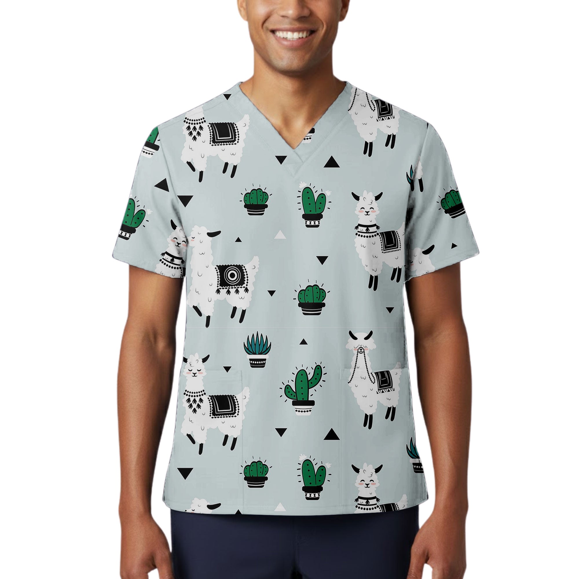Boho Llama and Cactus Printed Scrub Top for Nurses
