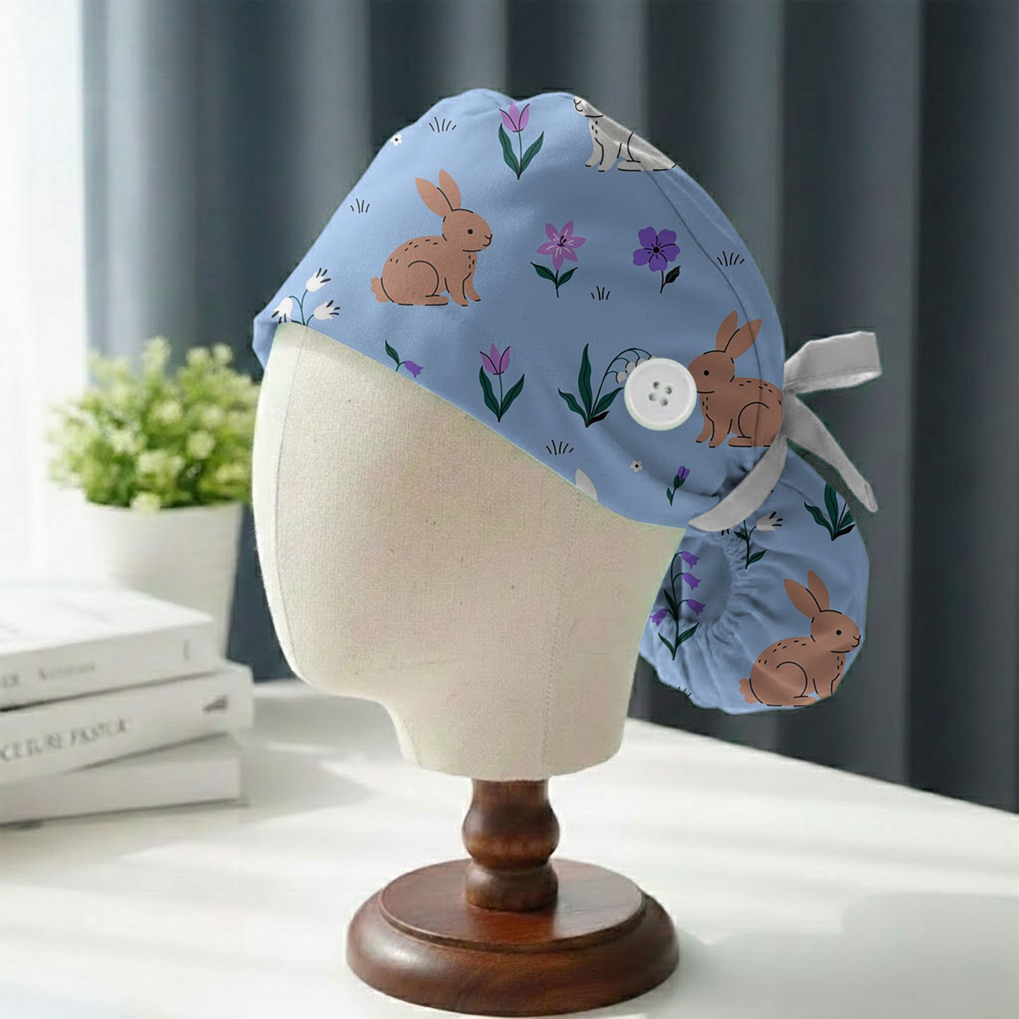 Light Blue Bunny and Tulip Printed Scrub Cap for Spring