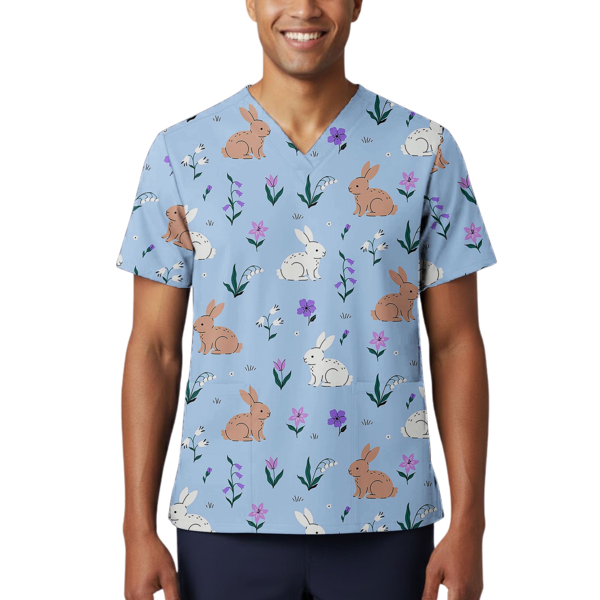Light Blue Bunny and Tulip Printed Scrub Top for Spring