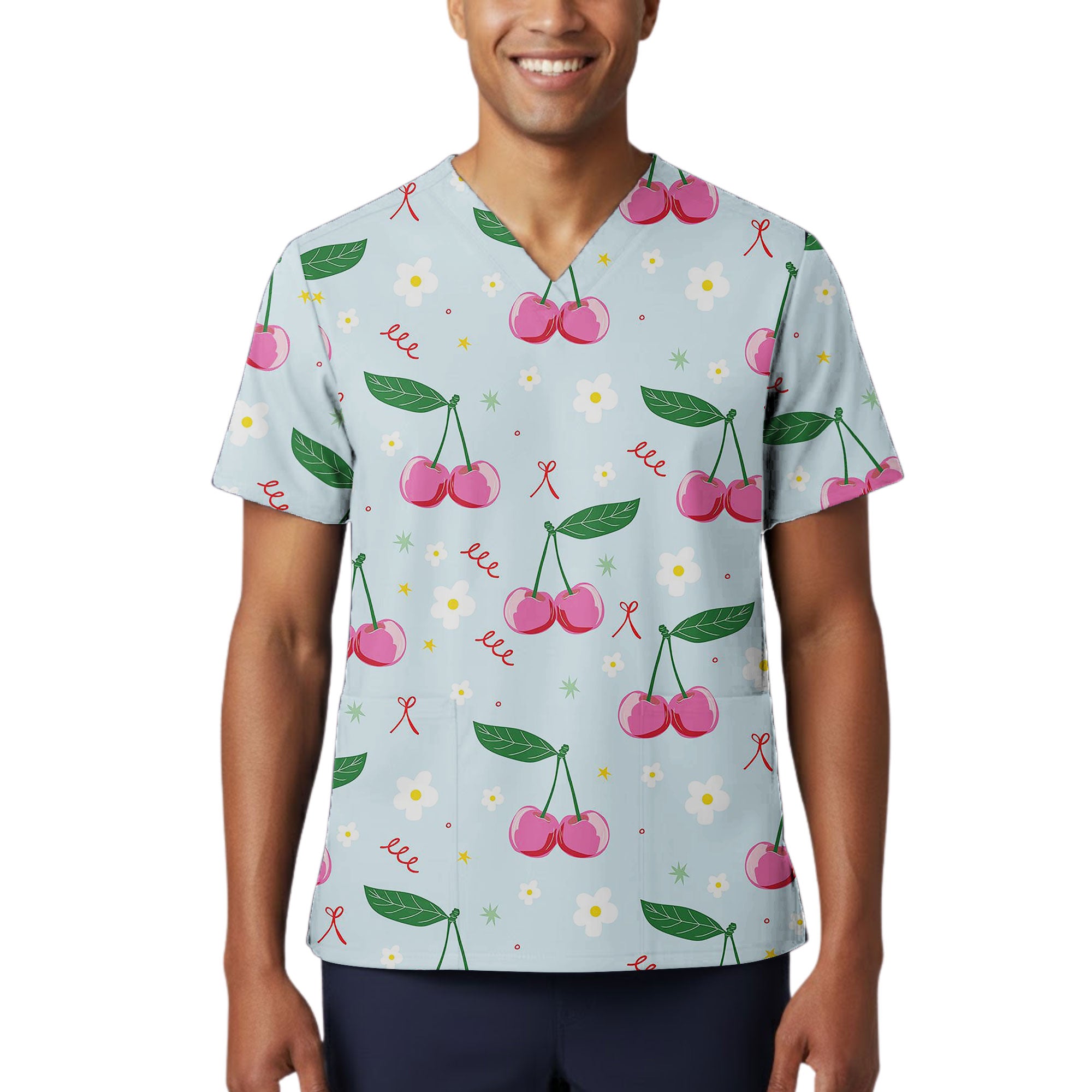Light Blue Cherry and Daisy Printed Scrub Top for Nurses