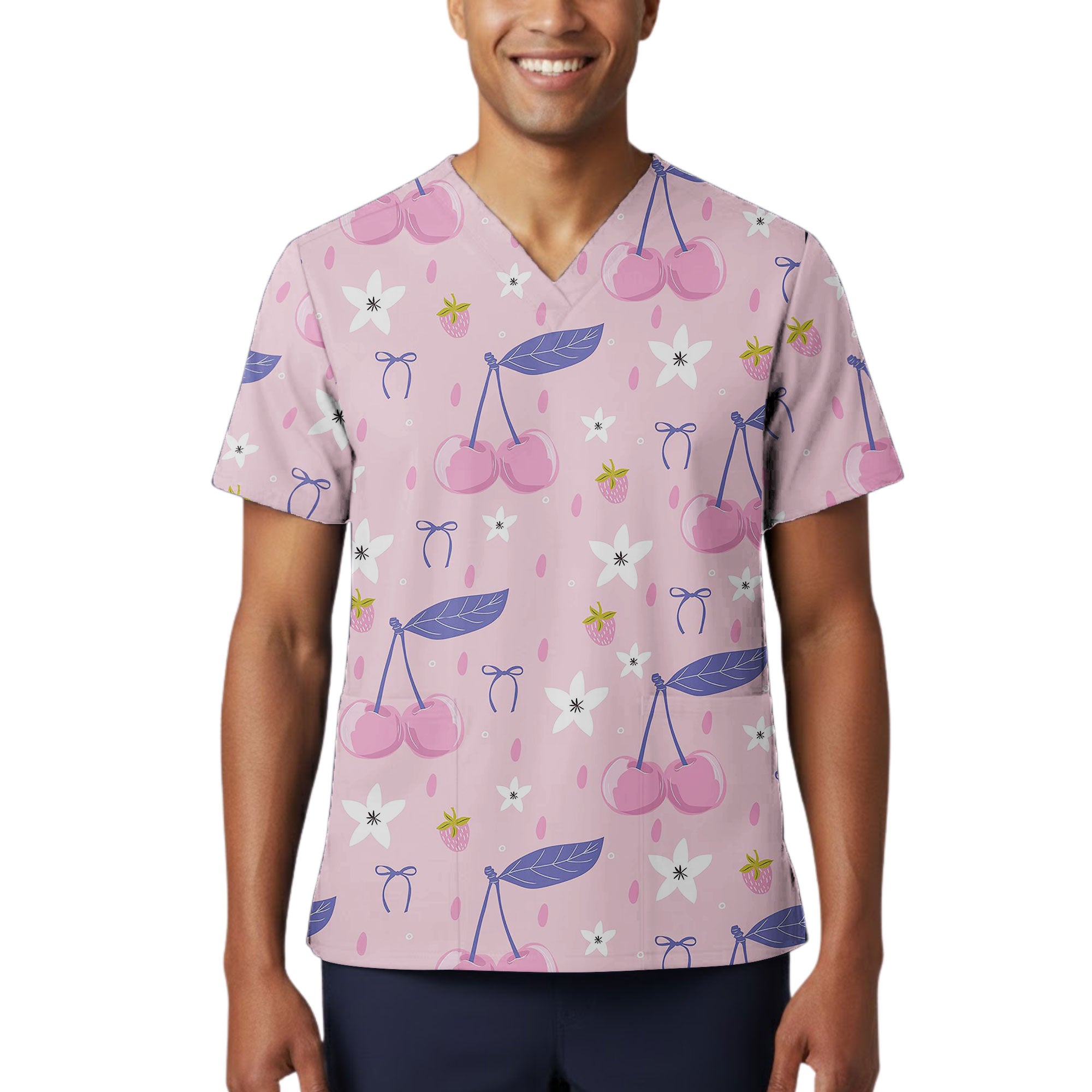Pink Cherry and Strawberry Bow Printed Scrub Top for Nurses