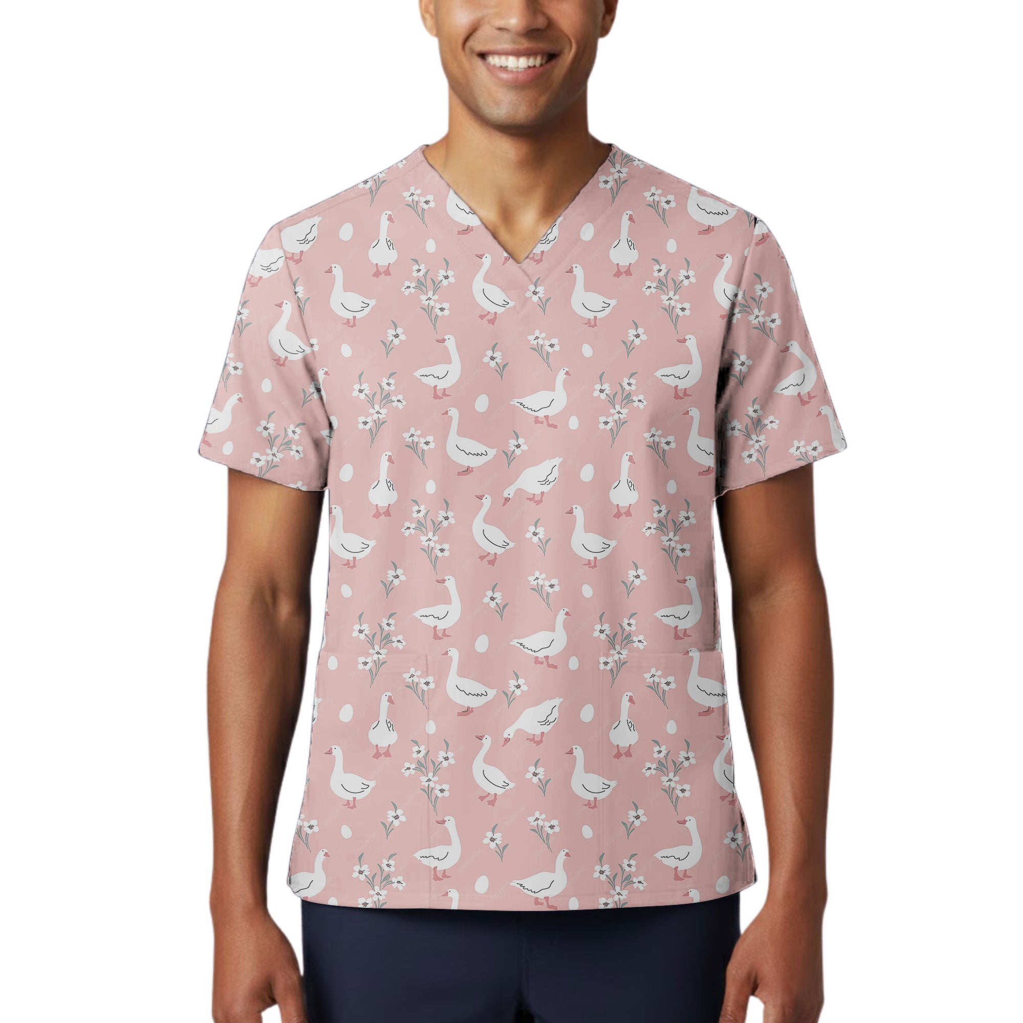 Pink Goose and Wildflower Printed Scrub Top for Nurses