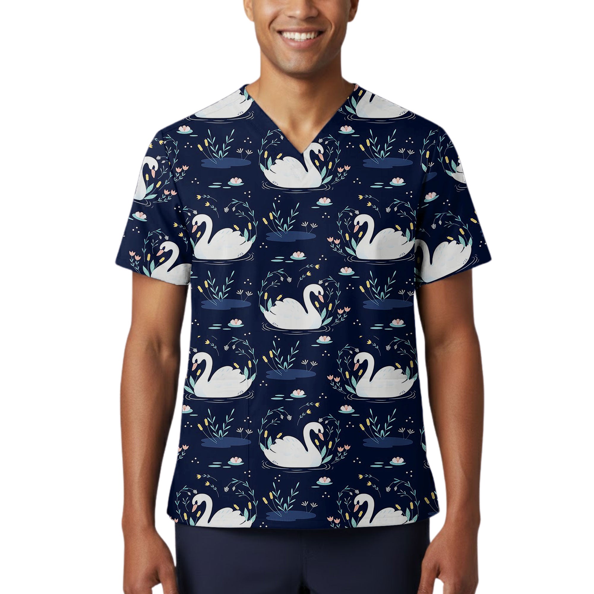 Navy Swan Lake Botanical Printed Scrub Top for Nurses