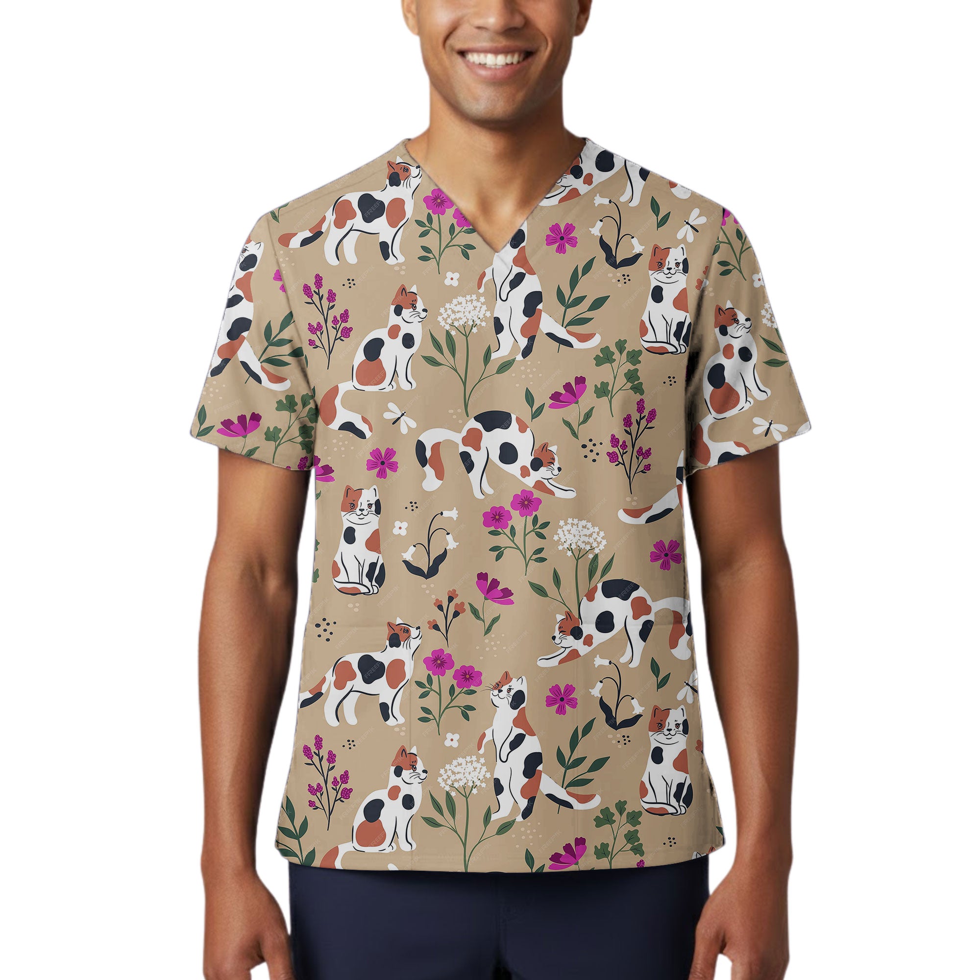 Calico Cat and Wildflower Printed Scrub Top for Cat Lovers
