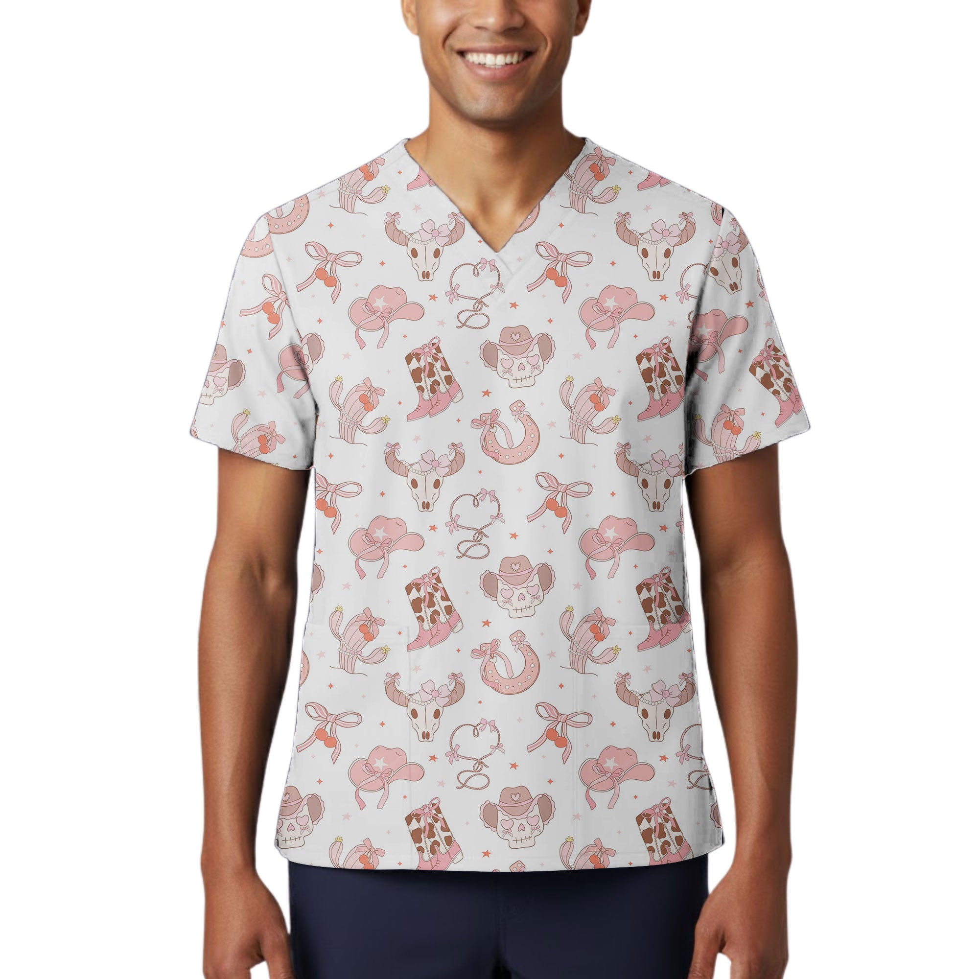Pink Western Skull and Boot Printed Scrub Top