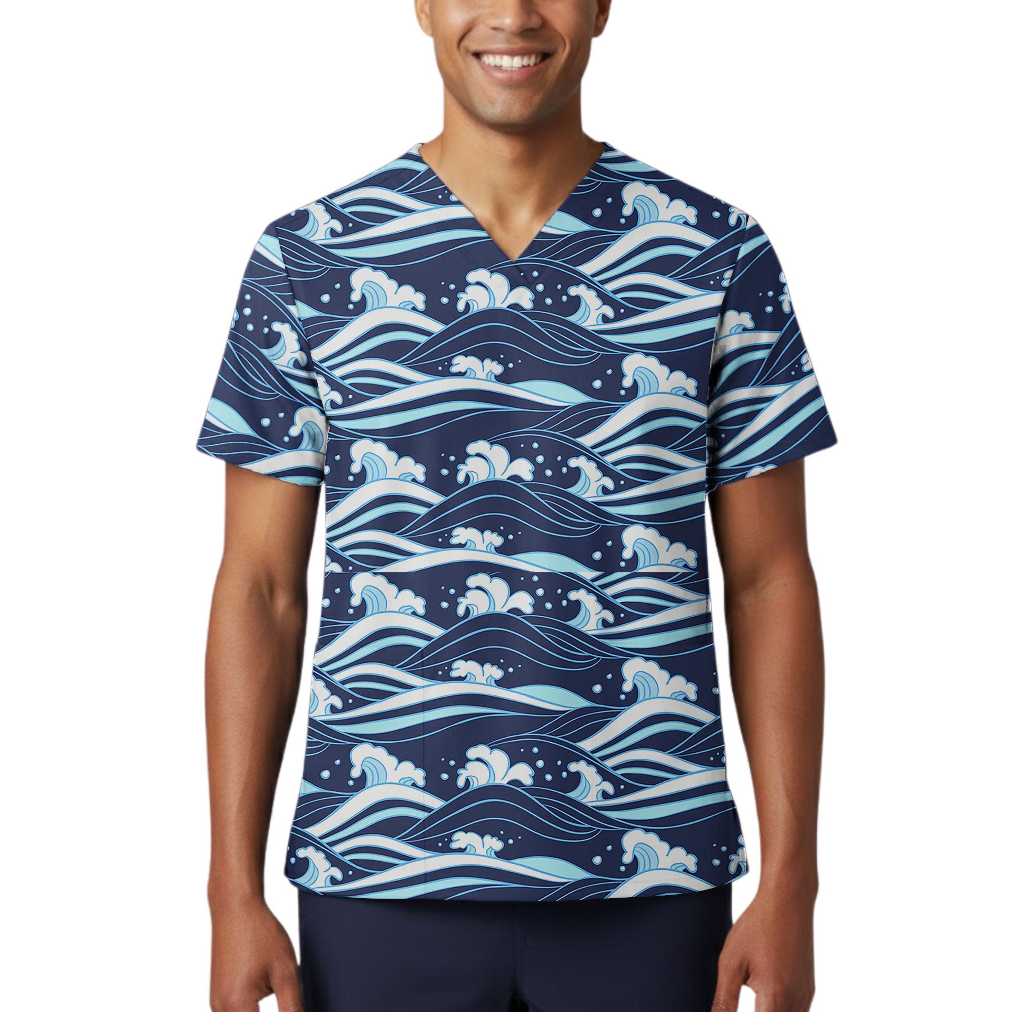 Japanese Ocean Wave Printed Scrub Top for Nurses