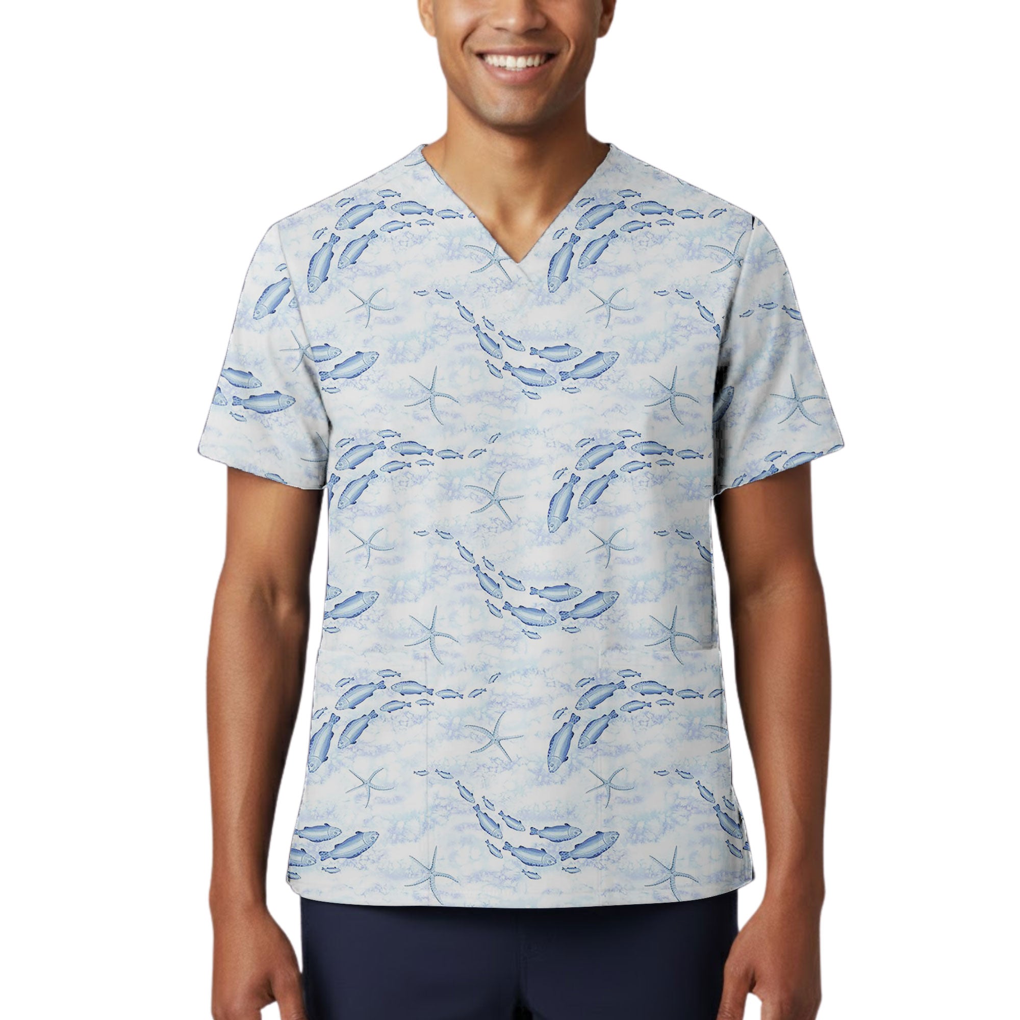 Coastal Fish School Printed Scrub Top for Medical Staff