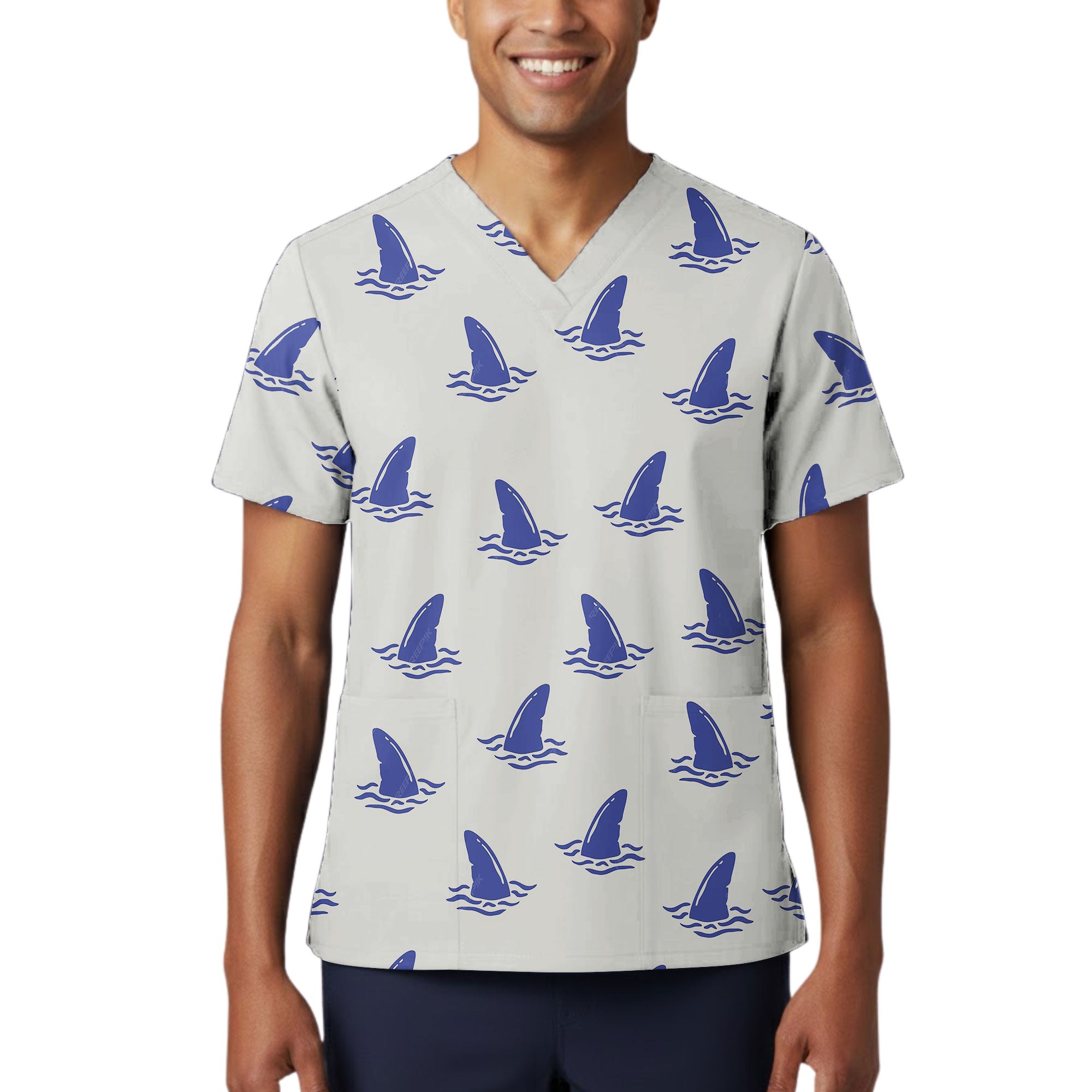 Blue Shark Fin Ocean Printed Scrub Top for Nurses